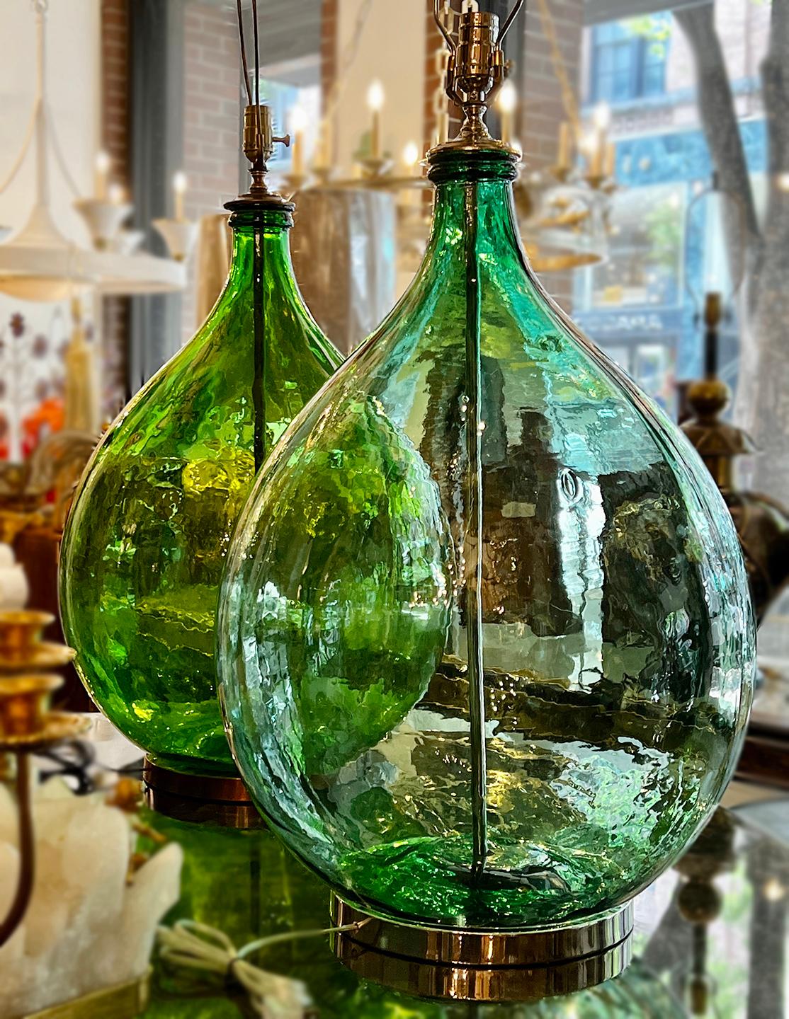 Mid-20th Century Set of Four Italian Green Glass Table Lamps, Sold Per Pair For Sale