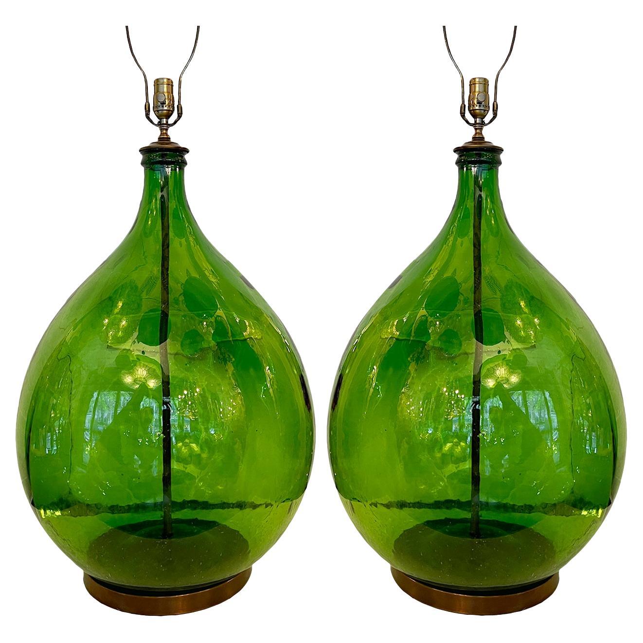 Set of Four Italian Green Glass Table Lamps, Sold Per Pair