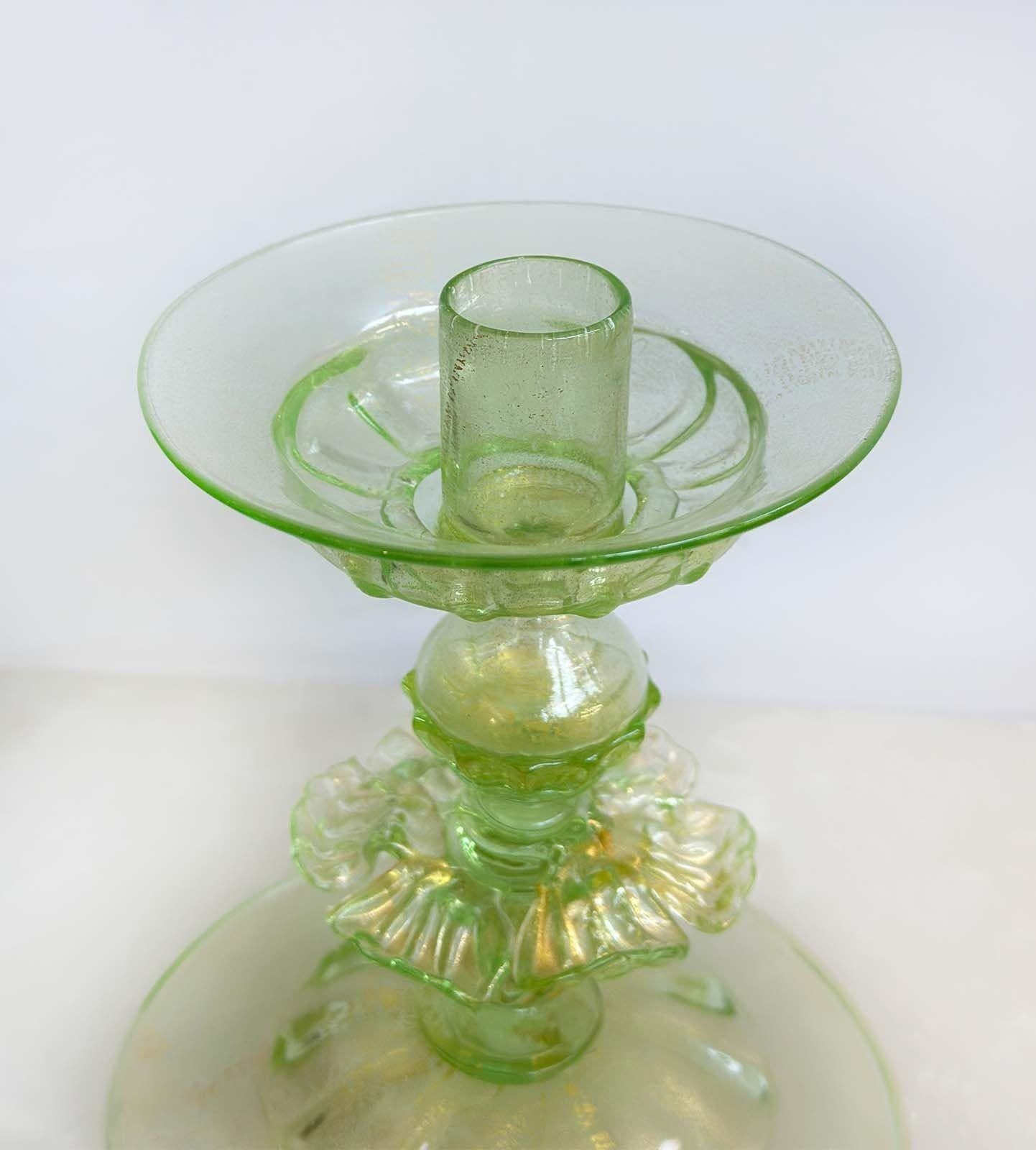 Set of Four Italian Green Murano Glass Candlesticks w/Gold Flecks In Good Condition For Sale In Los Angeles, CA