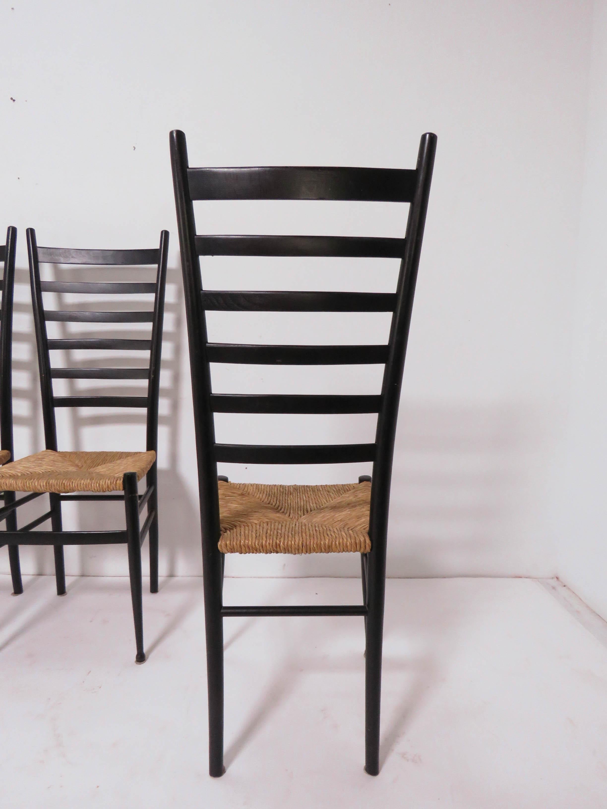 Rush Set of Four Italian Ladder Back Dining Chairs After Gio Ponti