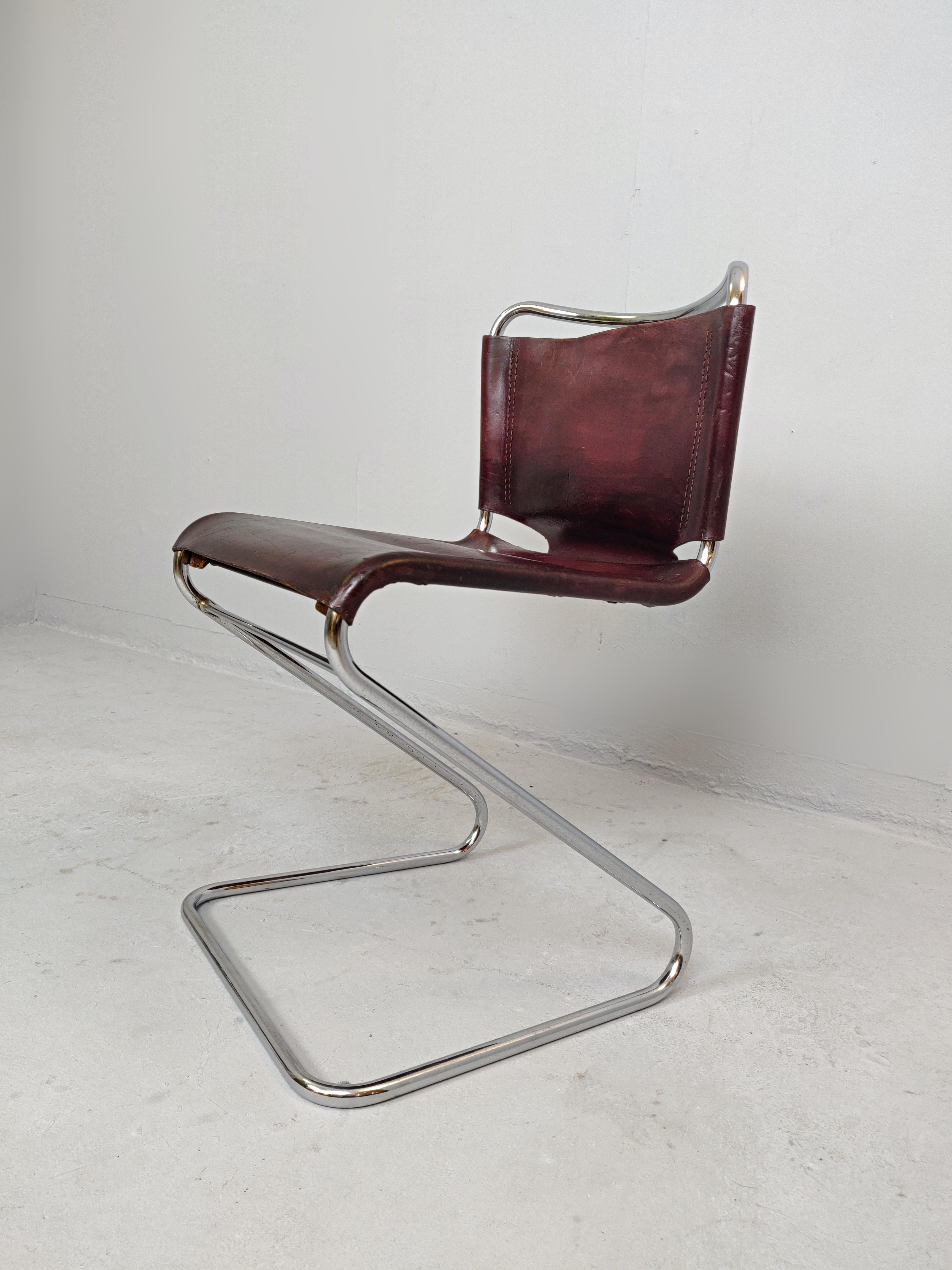 Late 20th Century Set of Four Italian Leather and Tubular Chairs