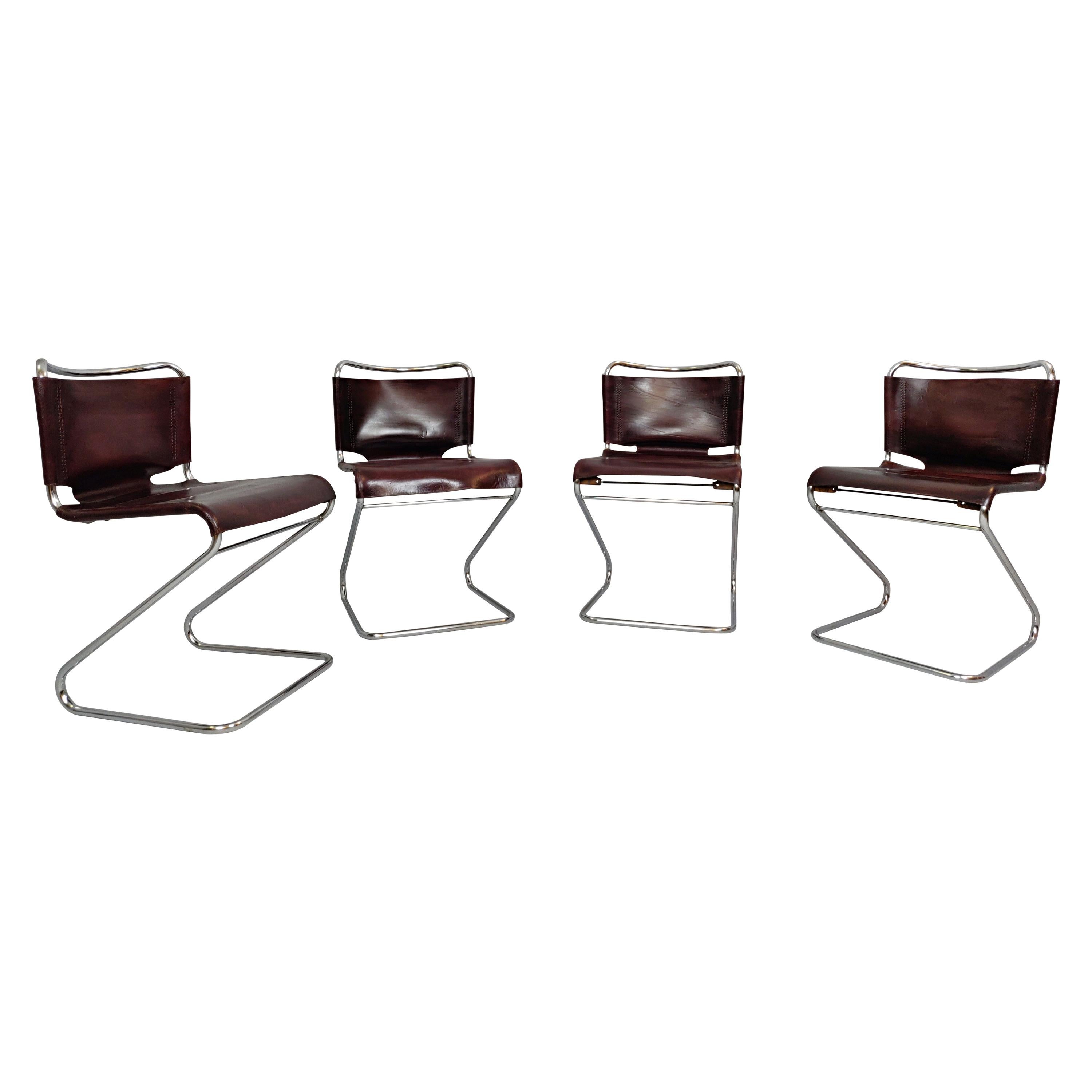 Set of Four Italian Leather and Tubular Chairs