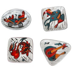 Set of Four Italian Leather-Backed Ceramic Dishes Florence, circa 1950
