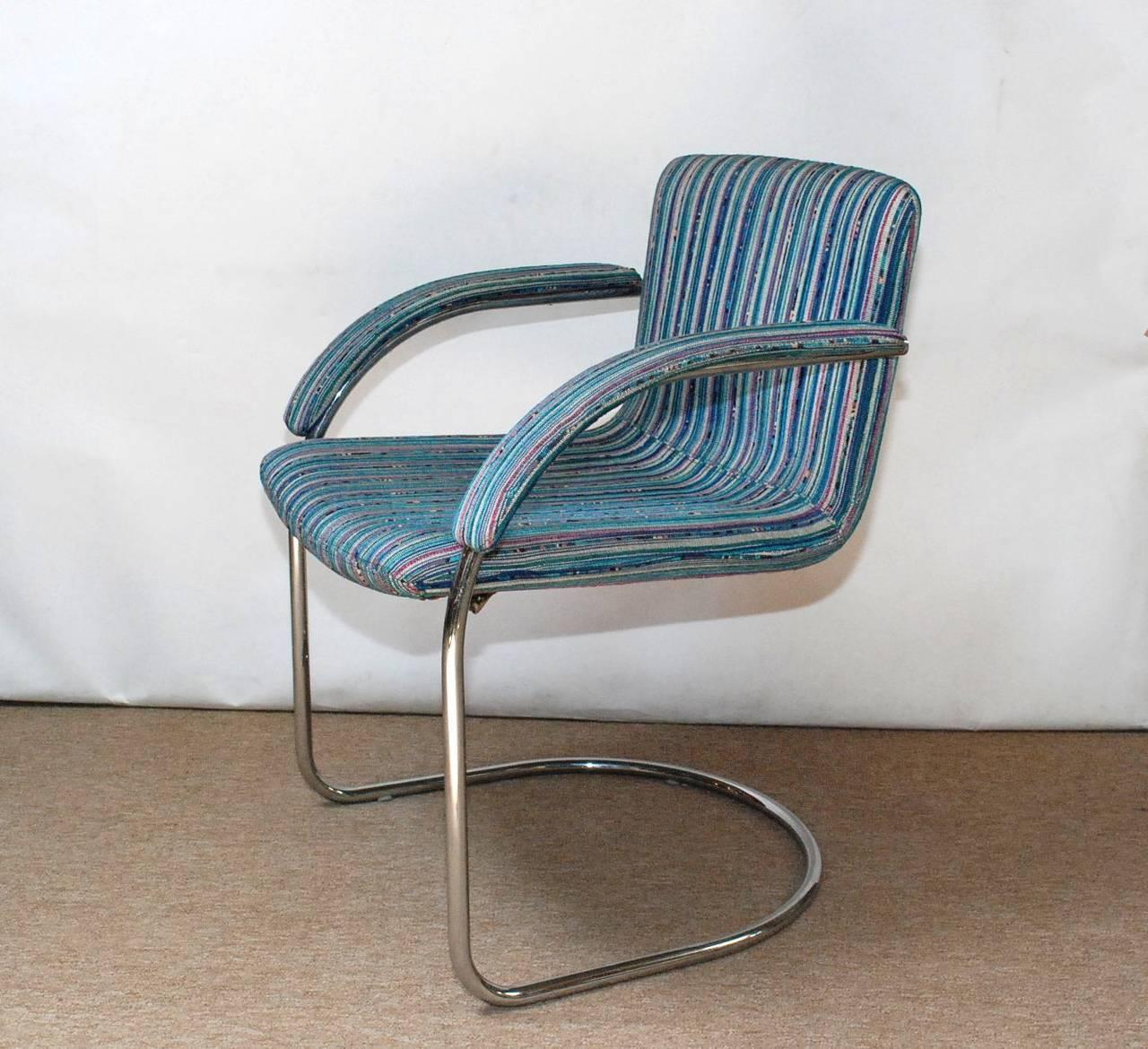 Set of four Italian Mid-Century cantilever chairs with chrome frame and original chenille upholstery by Saporiti Italia. Original label under the seat / Made in Italy in the 1960's.
Depth: 24 inches / Width: 26 inches / Height: 31 inches / Seat