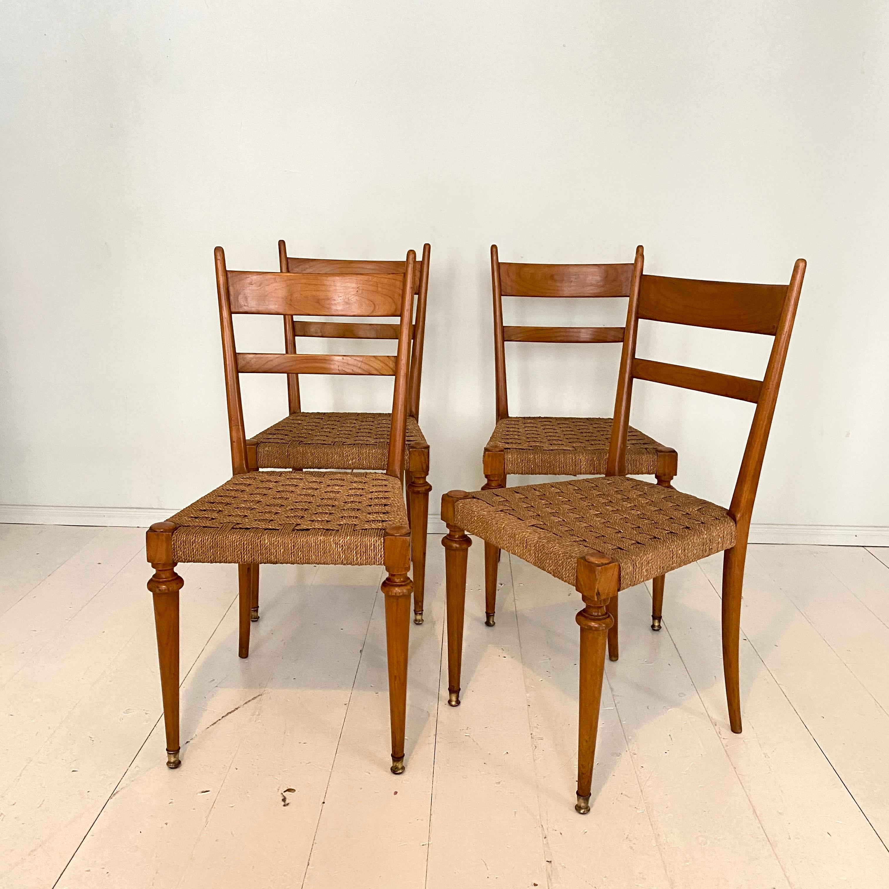 Set of Four Italian Mid-Century Dining Chairs in Cherry and Rope by Pecorini 5