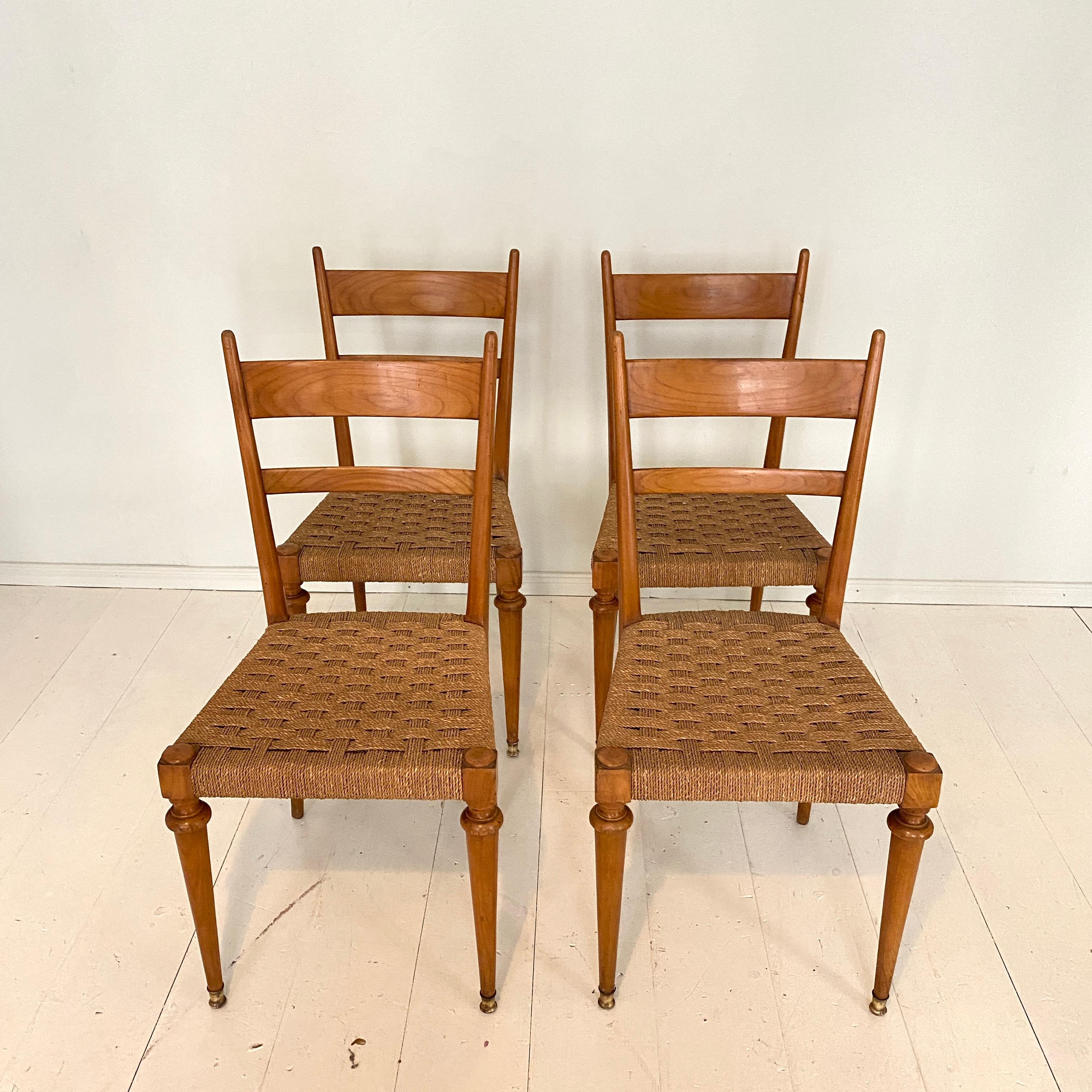 Set of Four Italian Mid-Century Dining Chairs in Cherry and Rope by Pecorini 13