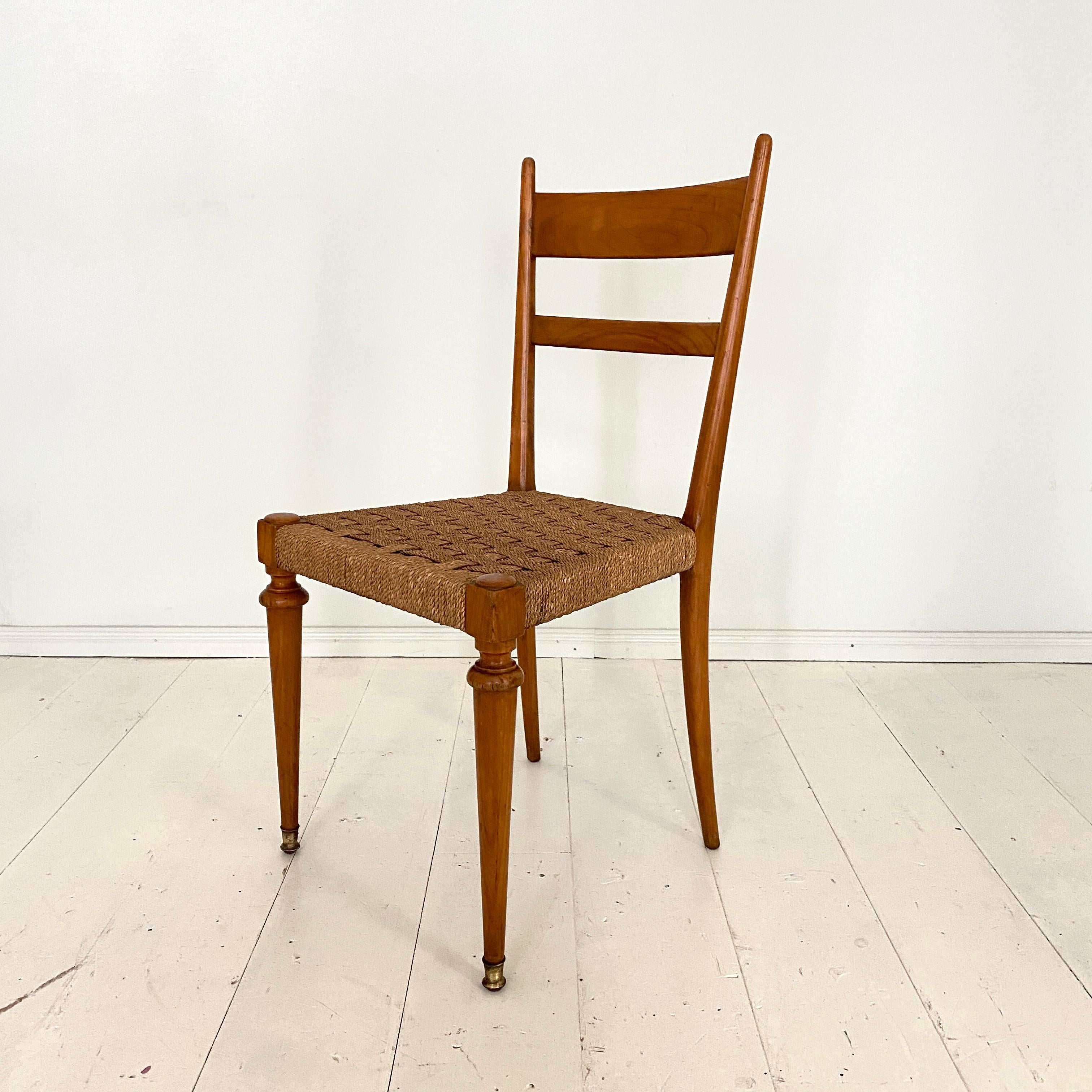 Mid-Century Modern Set of Four Italian Mid-Century Dining Chairs in Cherry and Rope by Pecorini