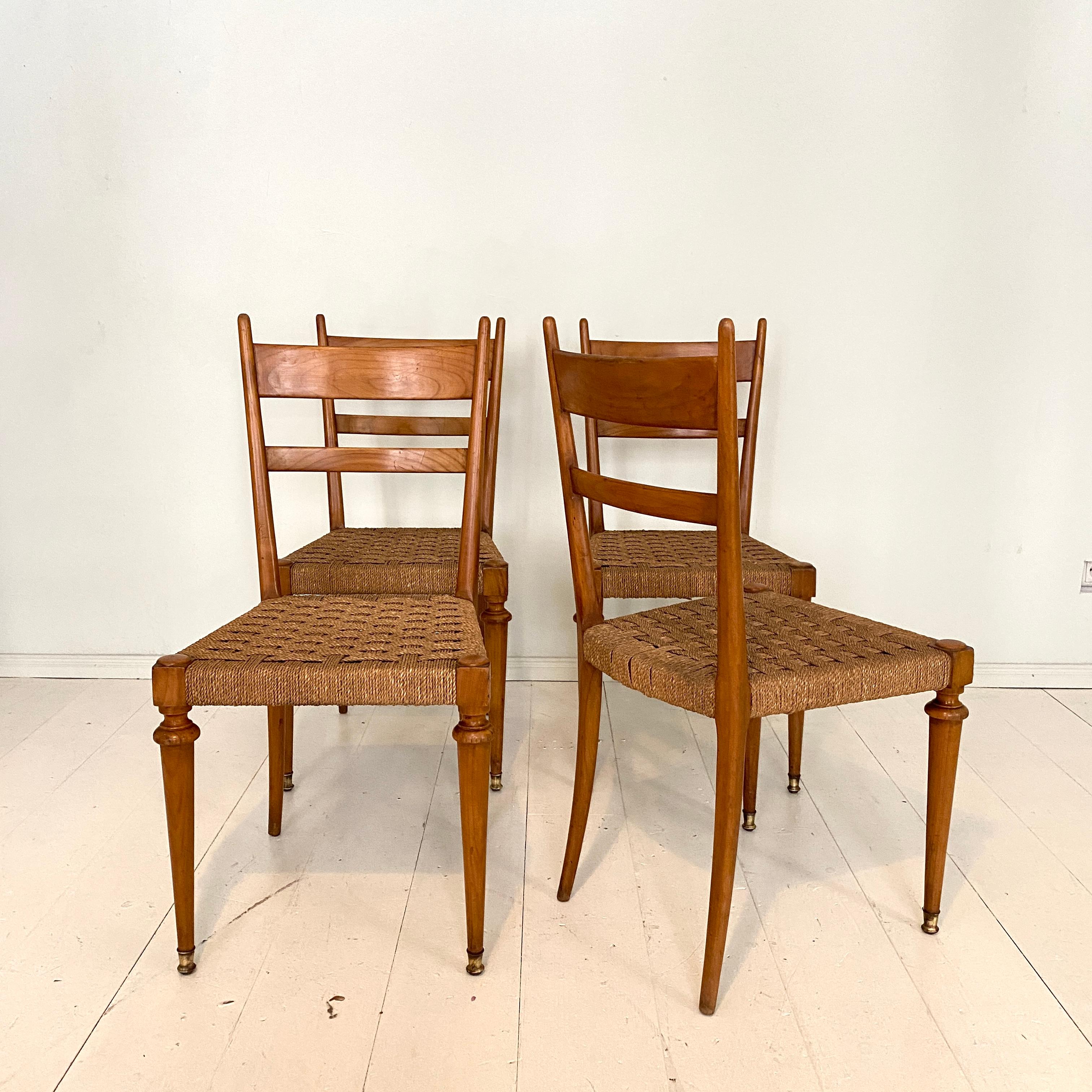 Mid-20th Century Set of Four Italian Mid-Century Dining Chairs in Cherry and Rope by Pecorini