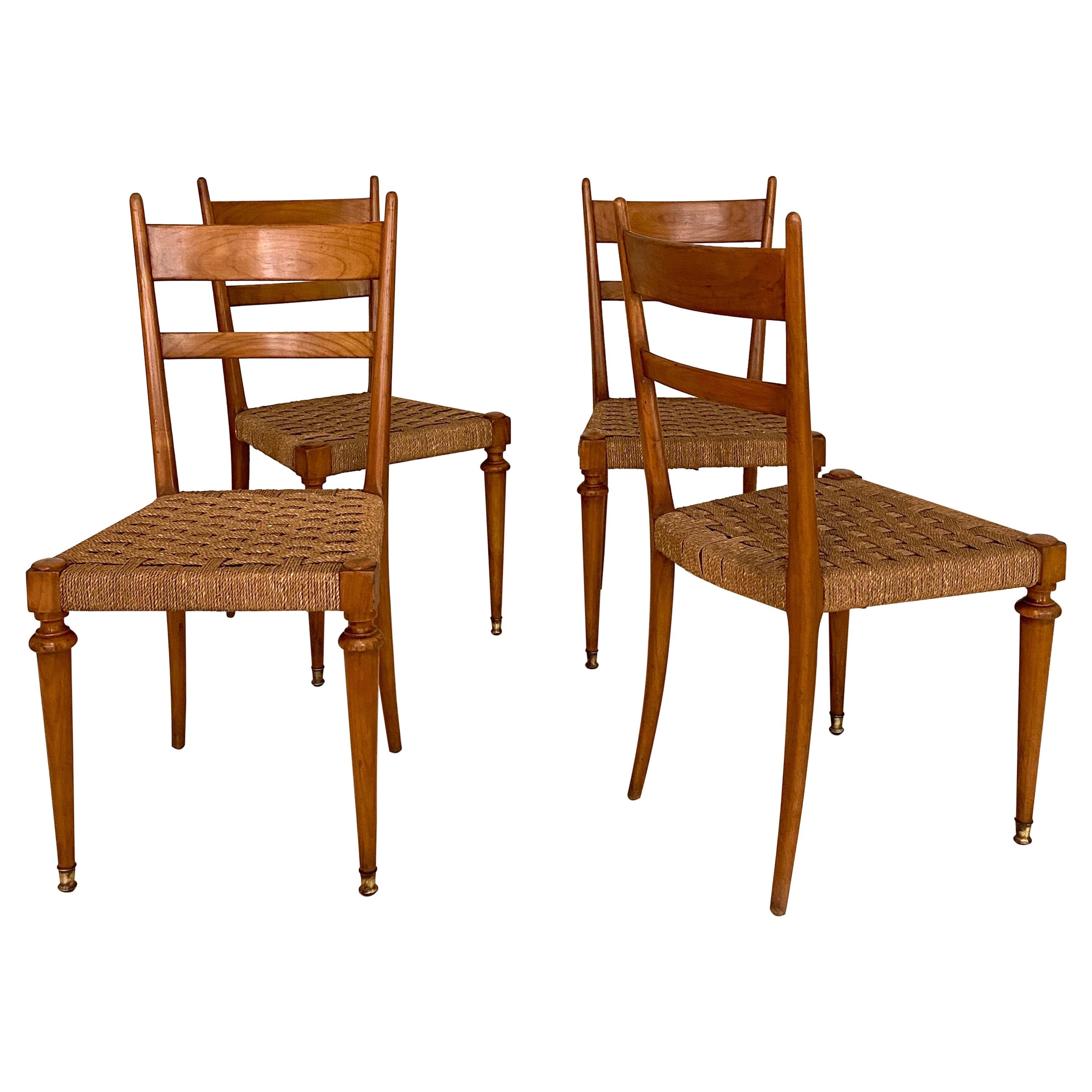 Set of Four Italian Mid-Century Dining Chairs in Cherry and Rope by Pecorini