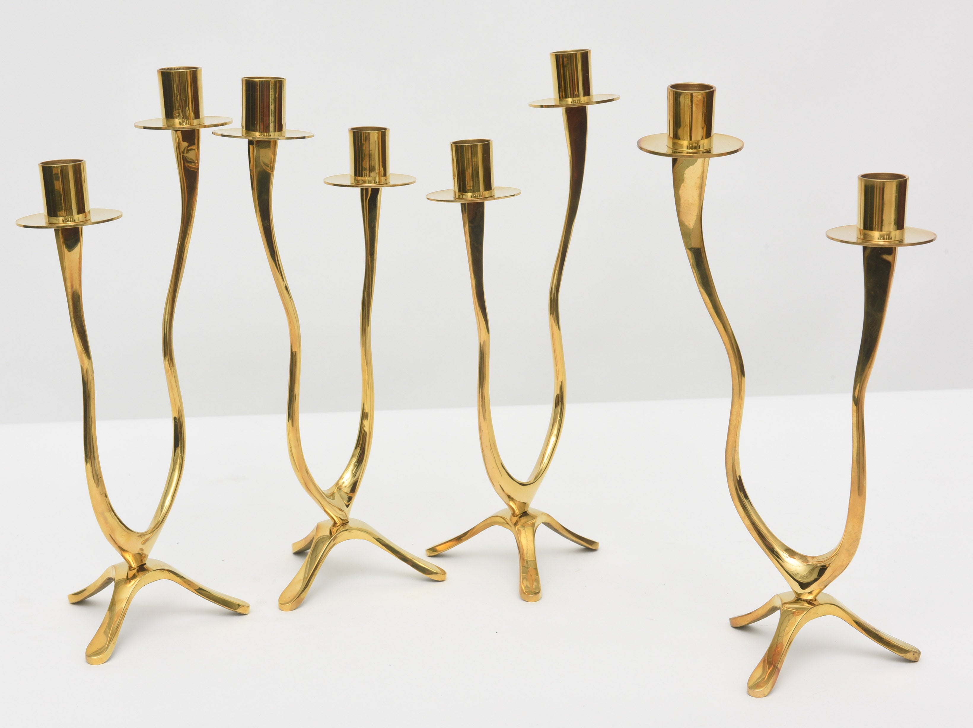 Set of Four Italian Modern Brass Two-Light Candlesticks 1
