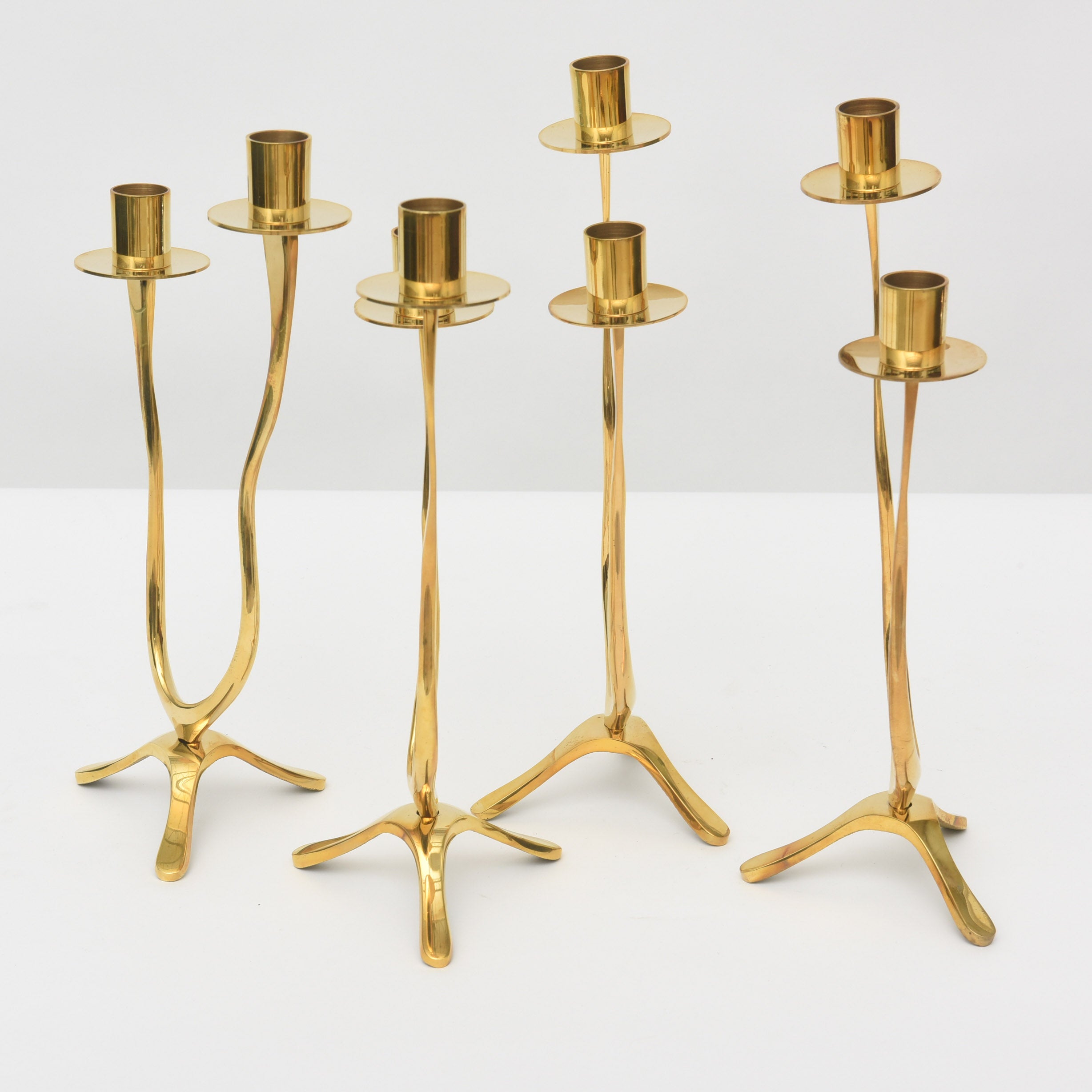 Set of Four Italian Modern Brass Two-Light Candlesticks 2
