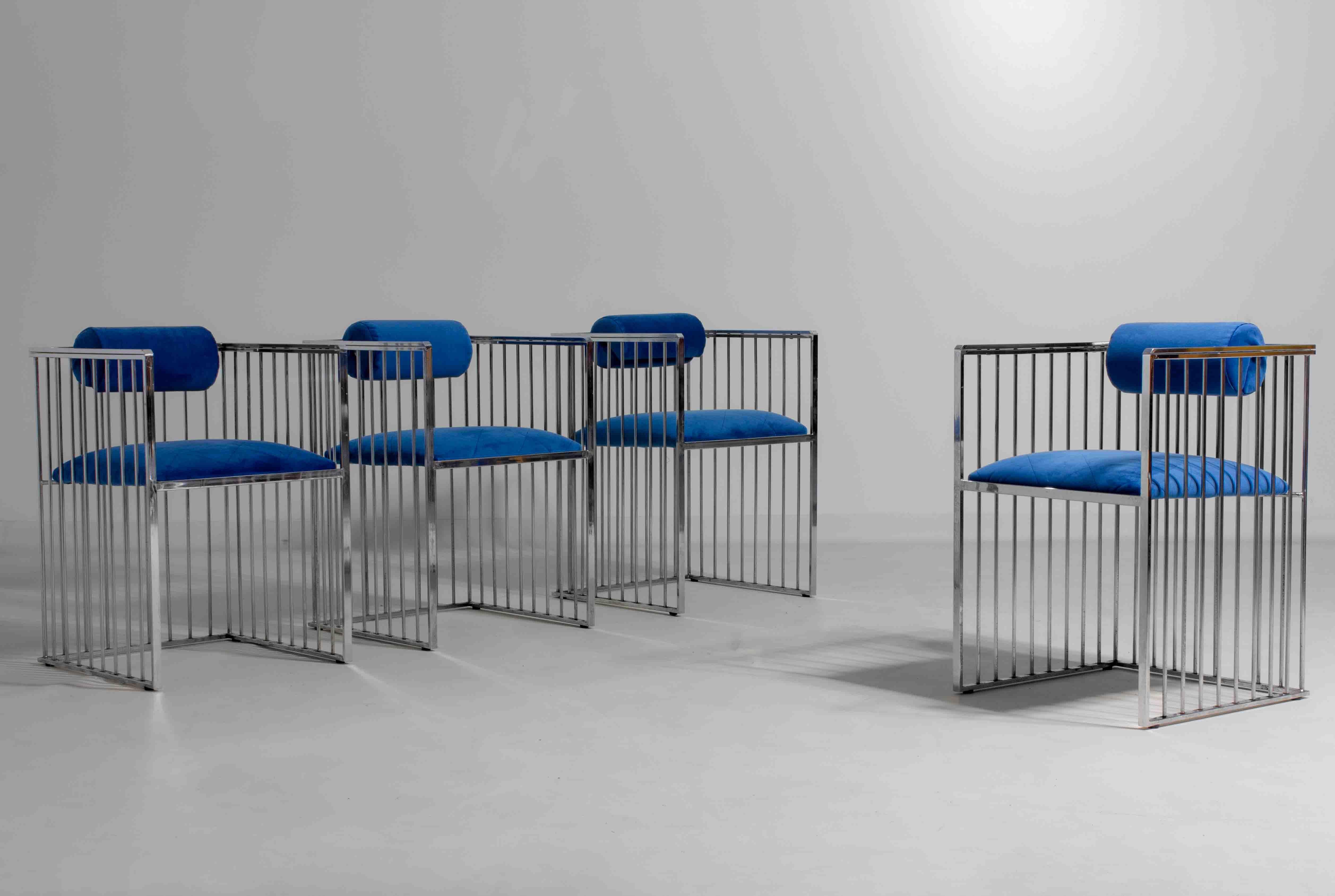 Hollywood Regency Set of four Italian modernist chrome chairs with royal blue velvet, 1970s For Sale