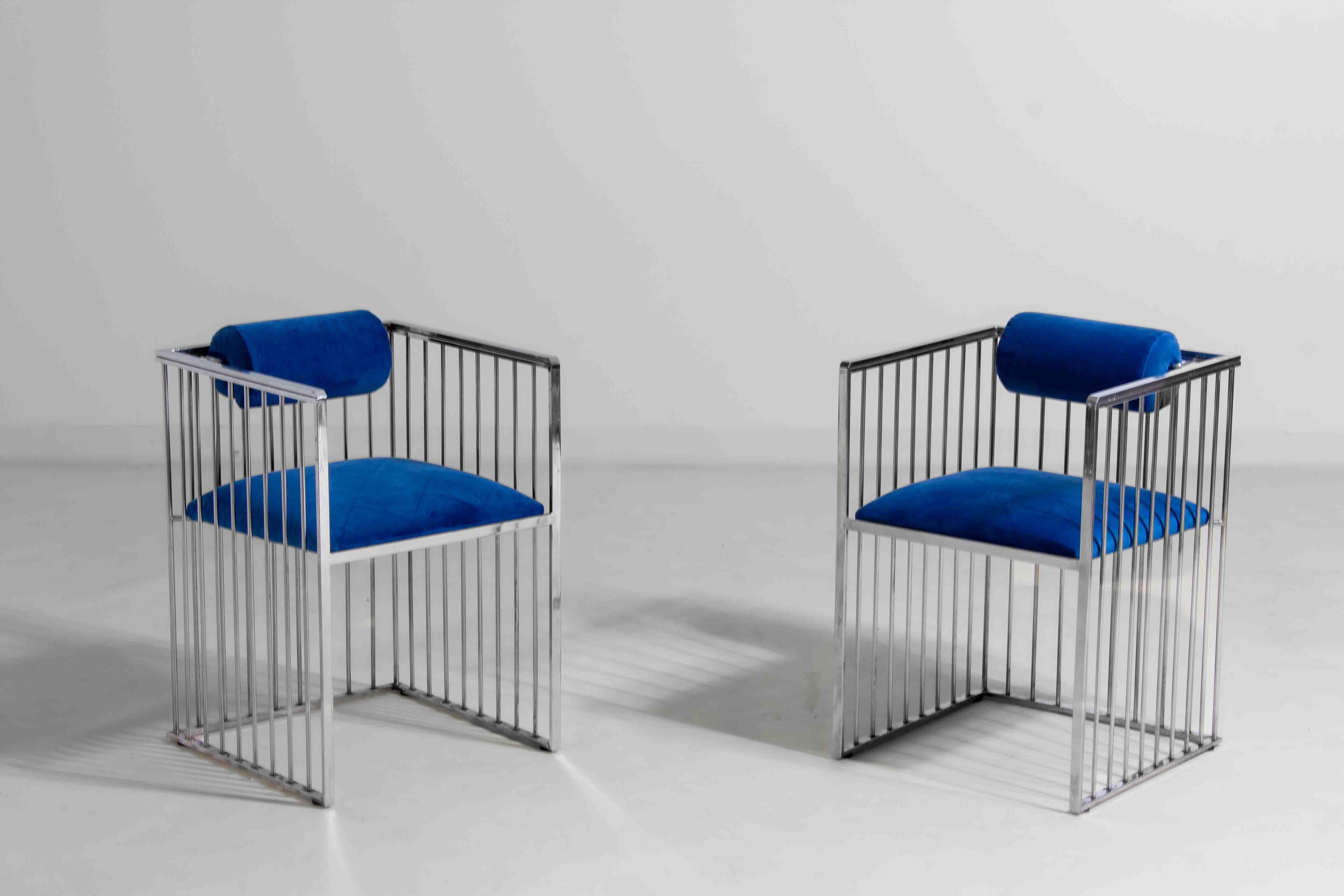 Late 20th Century Set of four Italian modernist chrome chairs with royal blue velvet, 1970s For Sale