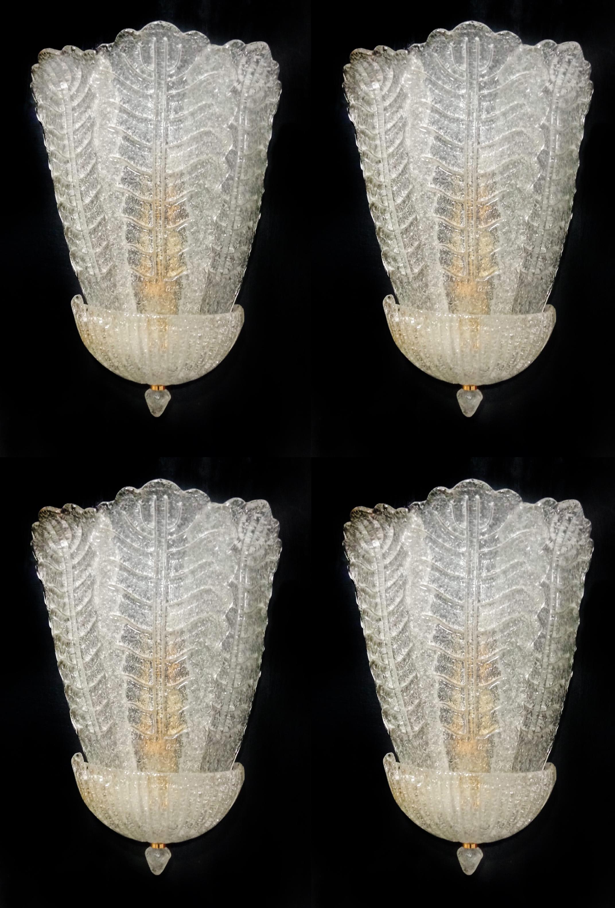 Set of four vintage of Murano glass appliques worked in the plate with groze dew dear applied on fire. Golden metal structure with two original E27 lamp holders suitable for LED or filament bulbs. Controlled and working electrical system