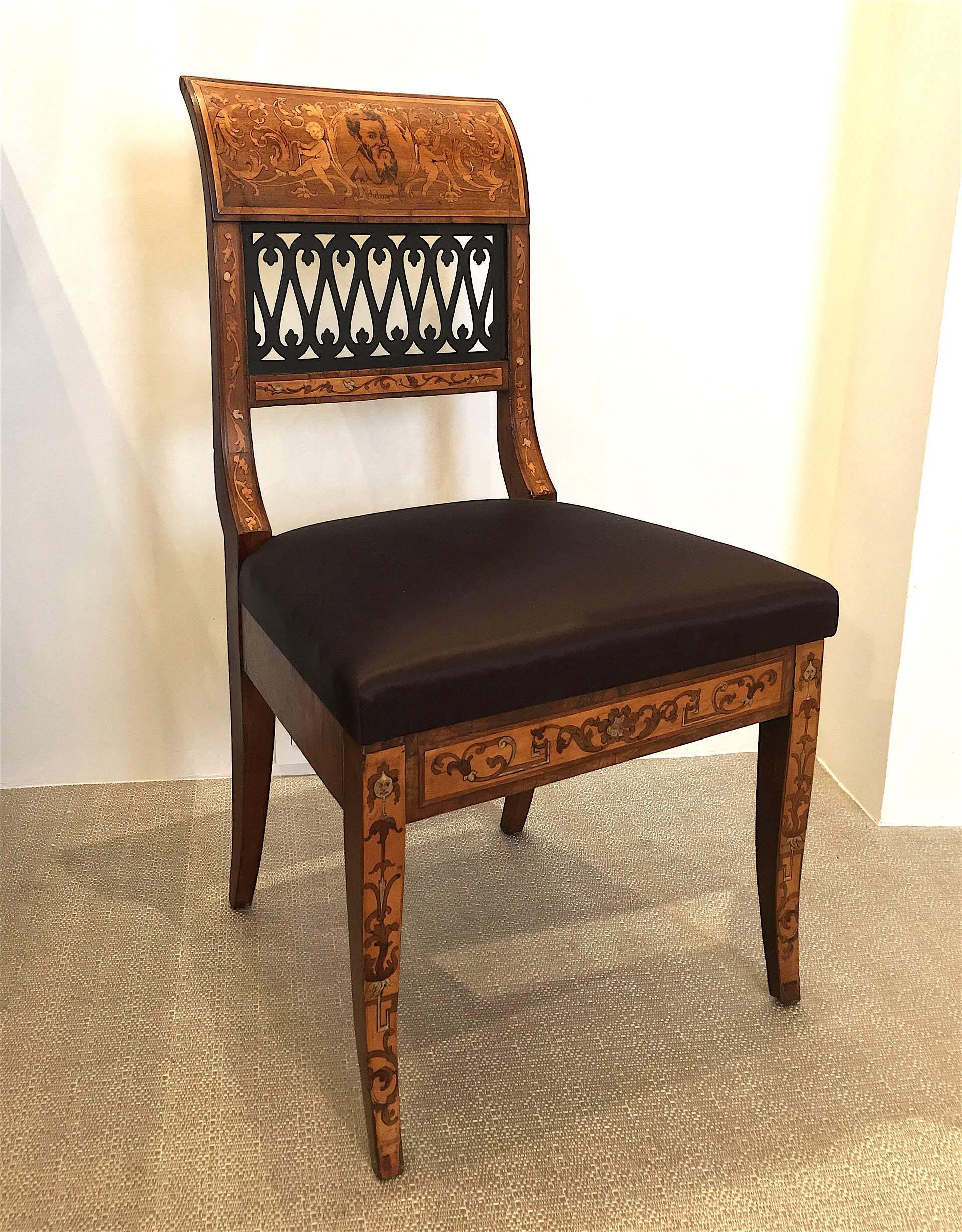 Set of four Italian Neoclassic (19th century) side chairs having a pierced ebonized back with each intricately designed and inlaid depictions of Renaissance artists Van Dyke, Michelangelo, Botticelli & Raphael.