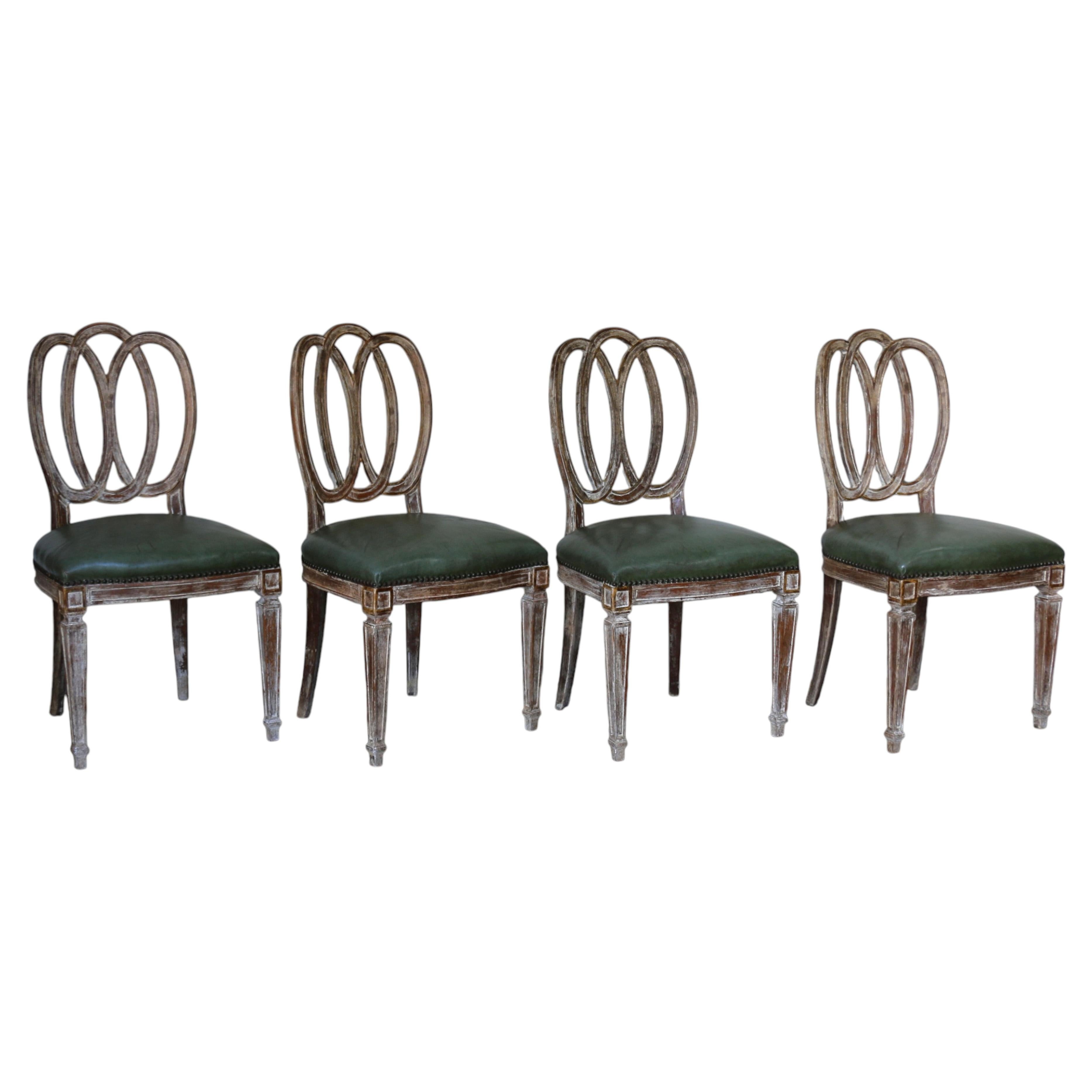 Set of Four Italian Neoclassical Dining Chairs With Green Leather Seats