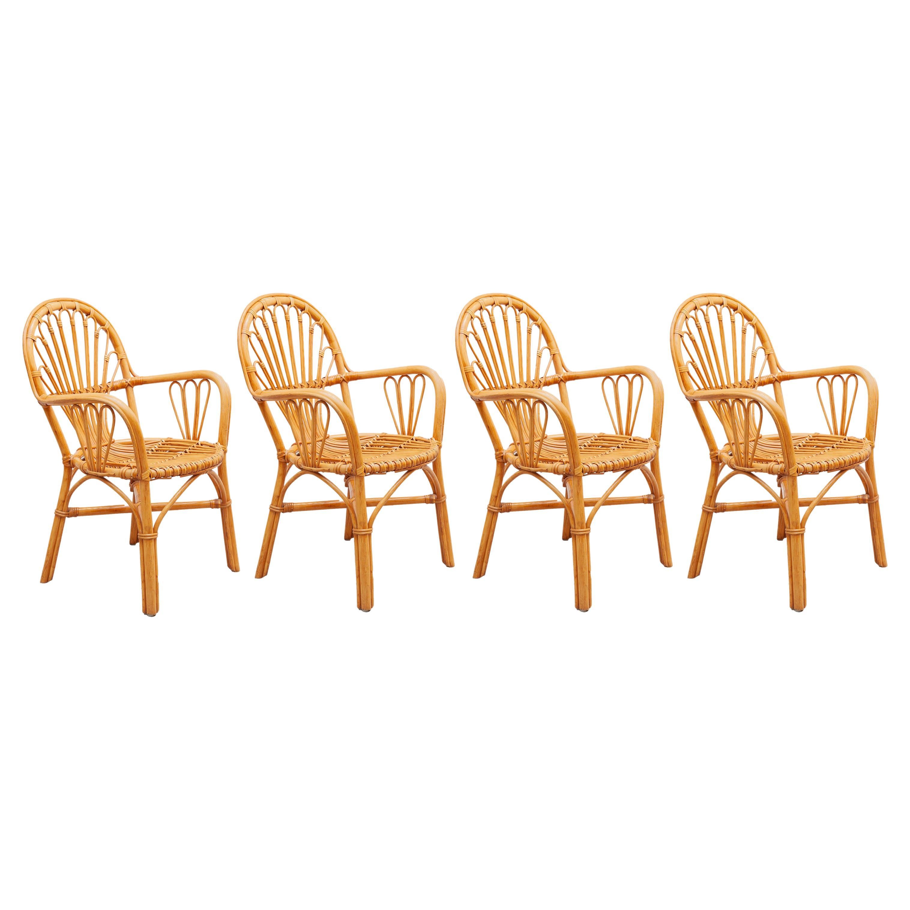 Set of Four Italian Organic Bamboo Lounge Chairs, 1970s For Sale