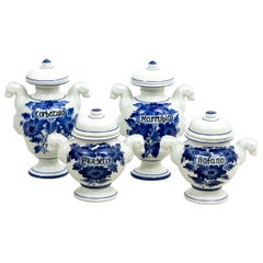 Antique Set of Four Italian Painted Blue and White Apothecary Jars