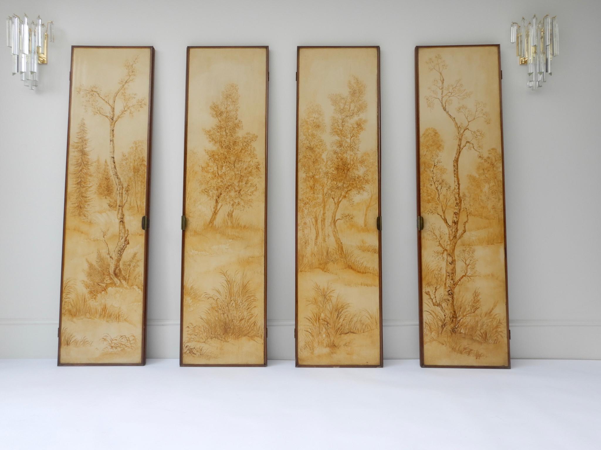 Wood Set of Four Italian Painted Decorative Wall Panels, 1950s