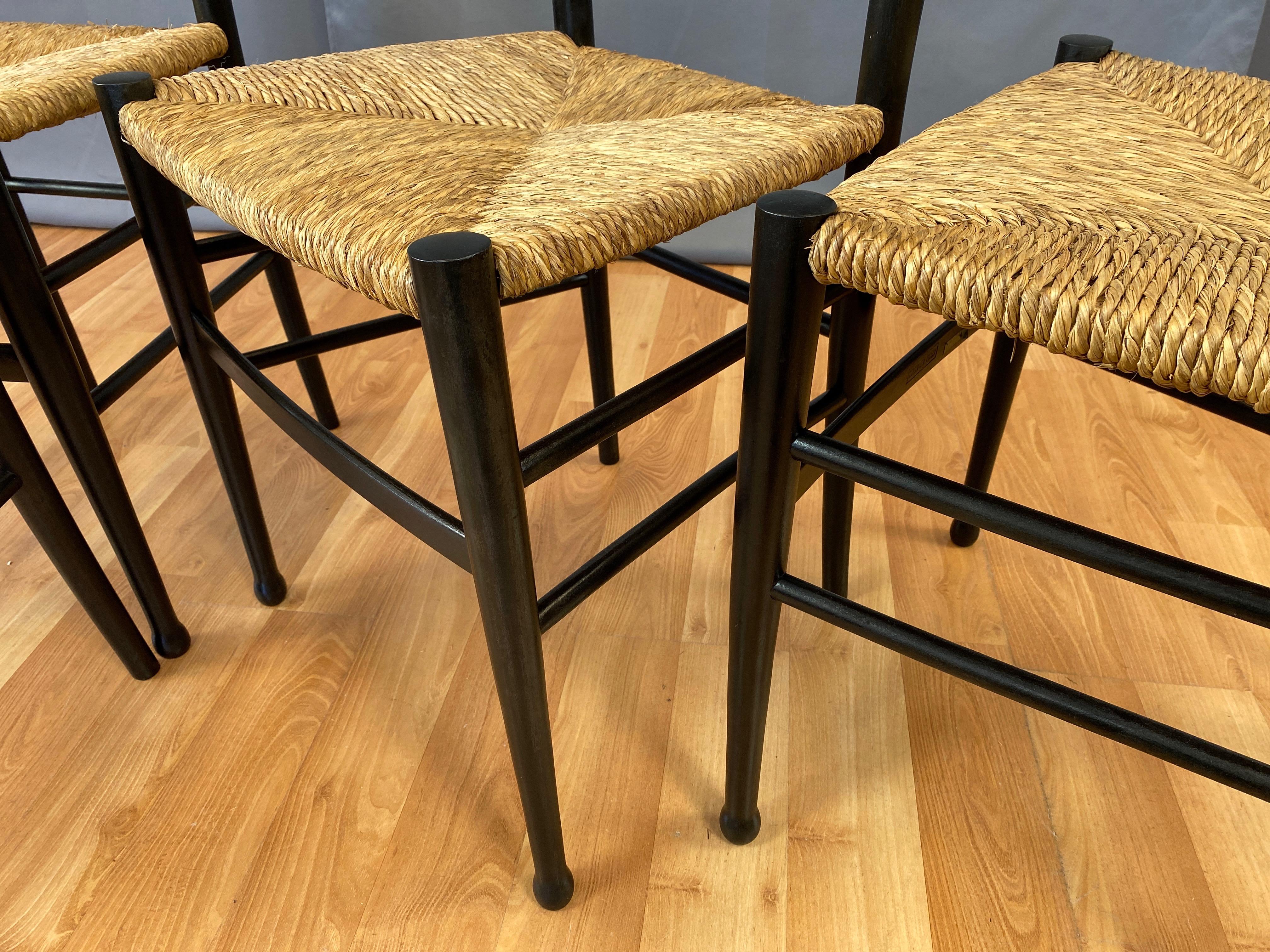 Set of Four Italian Ponti-Style Ebonized Wood Side Chairs with Rush Seats, 1960s 7