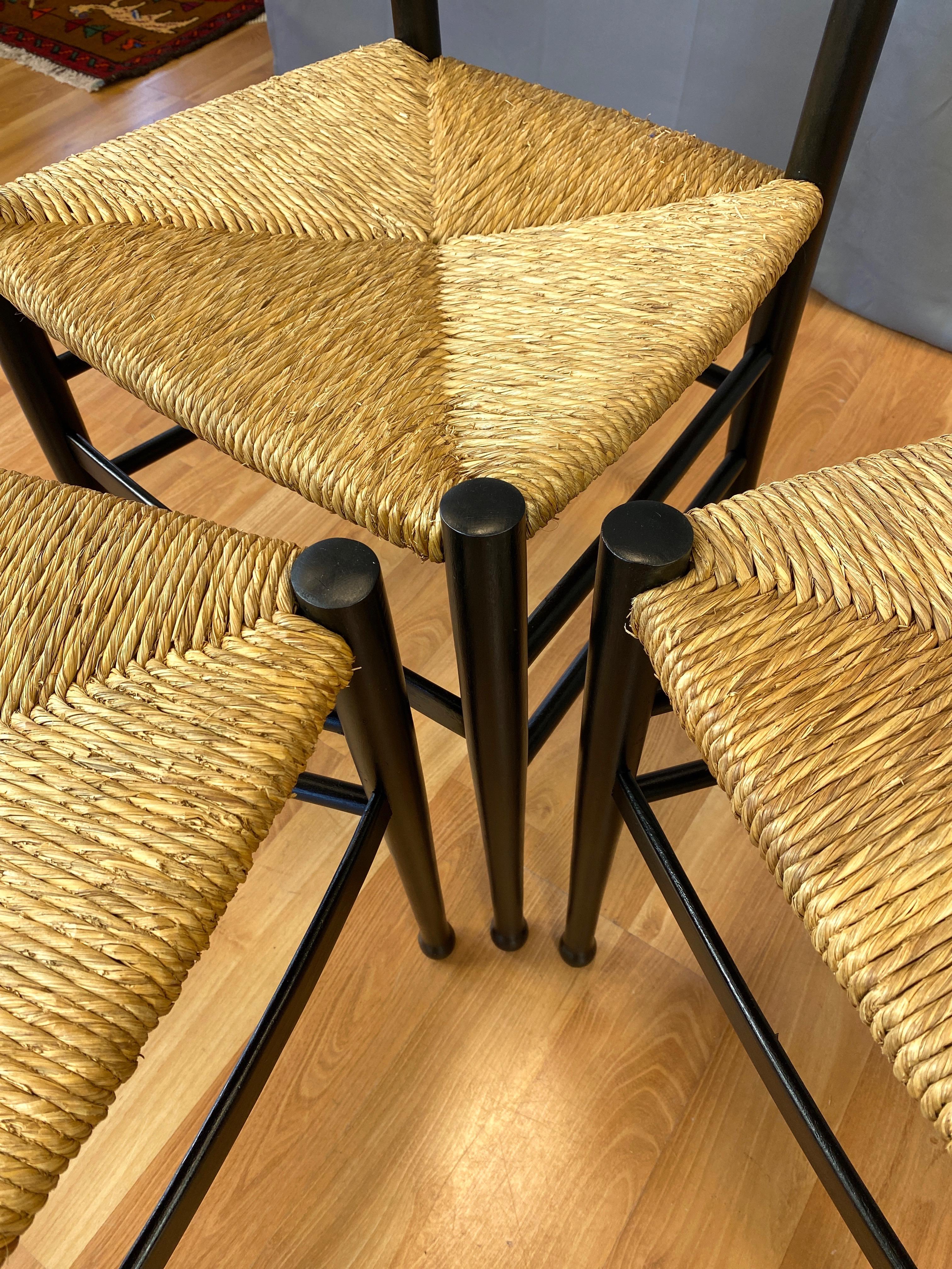 Set of Four Italian Ponti-Style Ebonized Wood Side Chairs with Rush Seats, 1960s 9