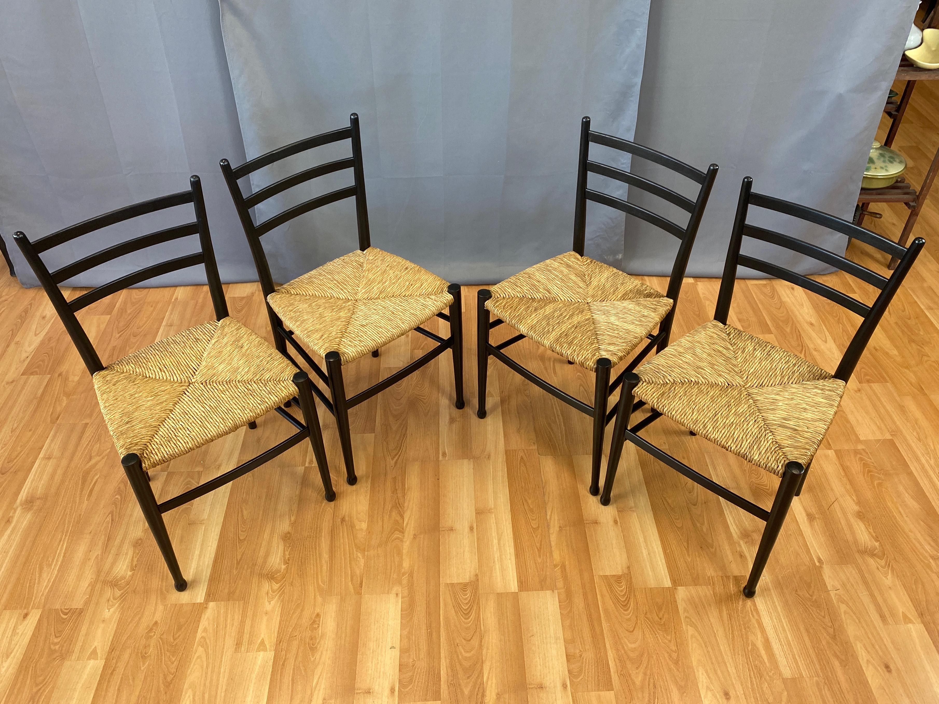 Set of Four Italian Ponti-Style Ebonized Wood Side Chairs with Rush Seats, 1960s 10