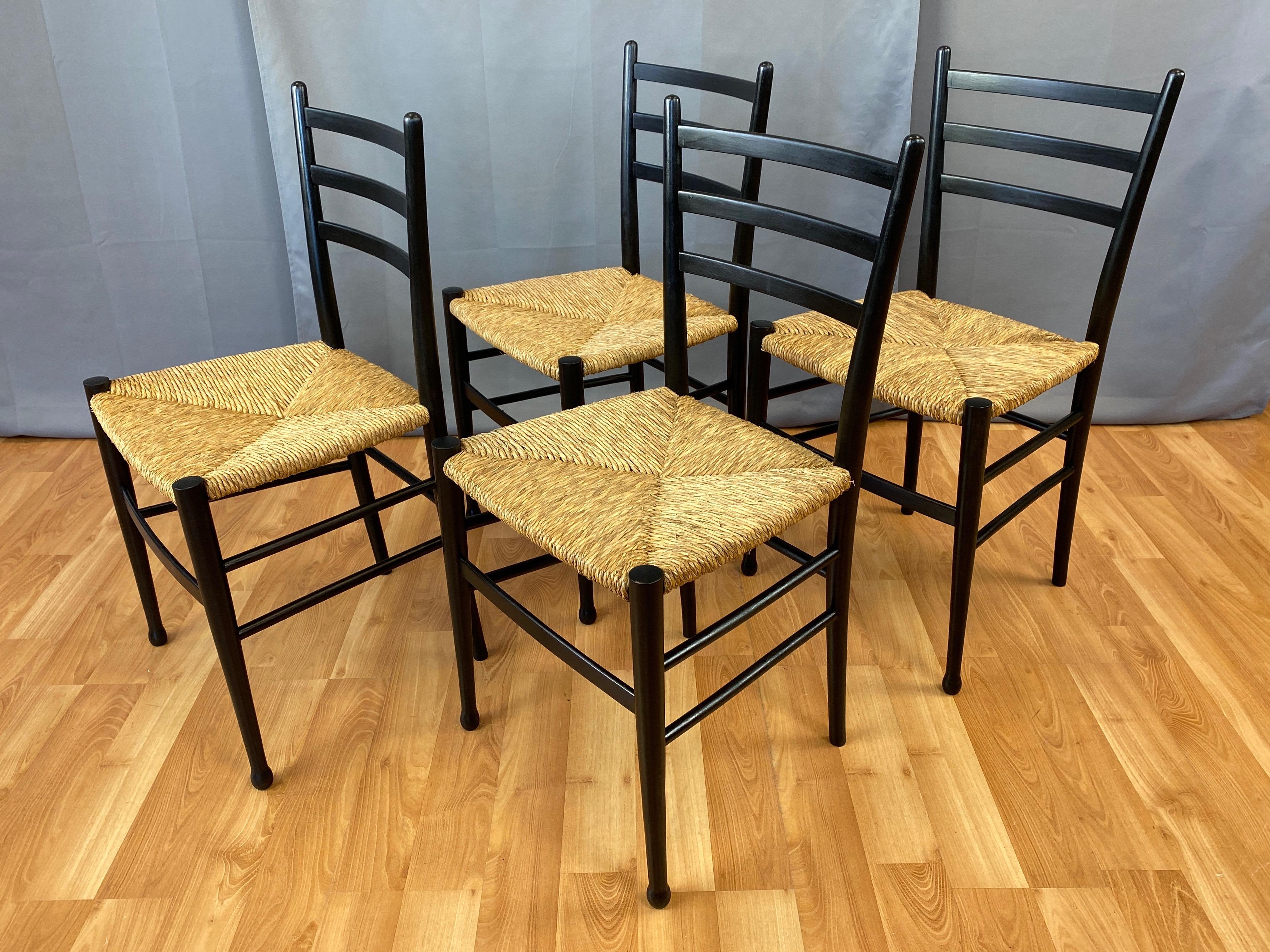 Set of Four Italian Ponti-Style Ebonized Wood Side Chairs with Rush Seats, 1960s 11