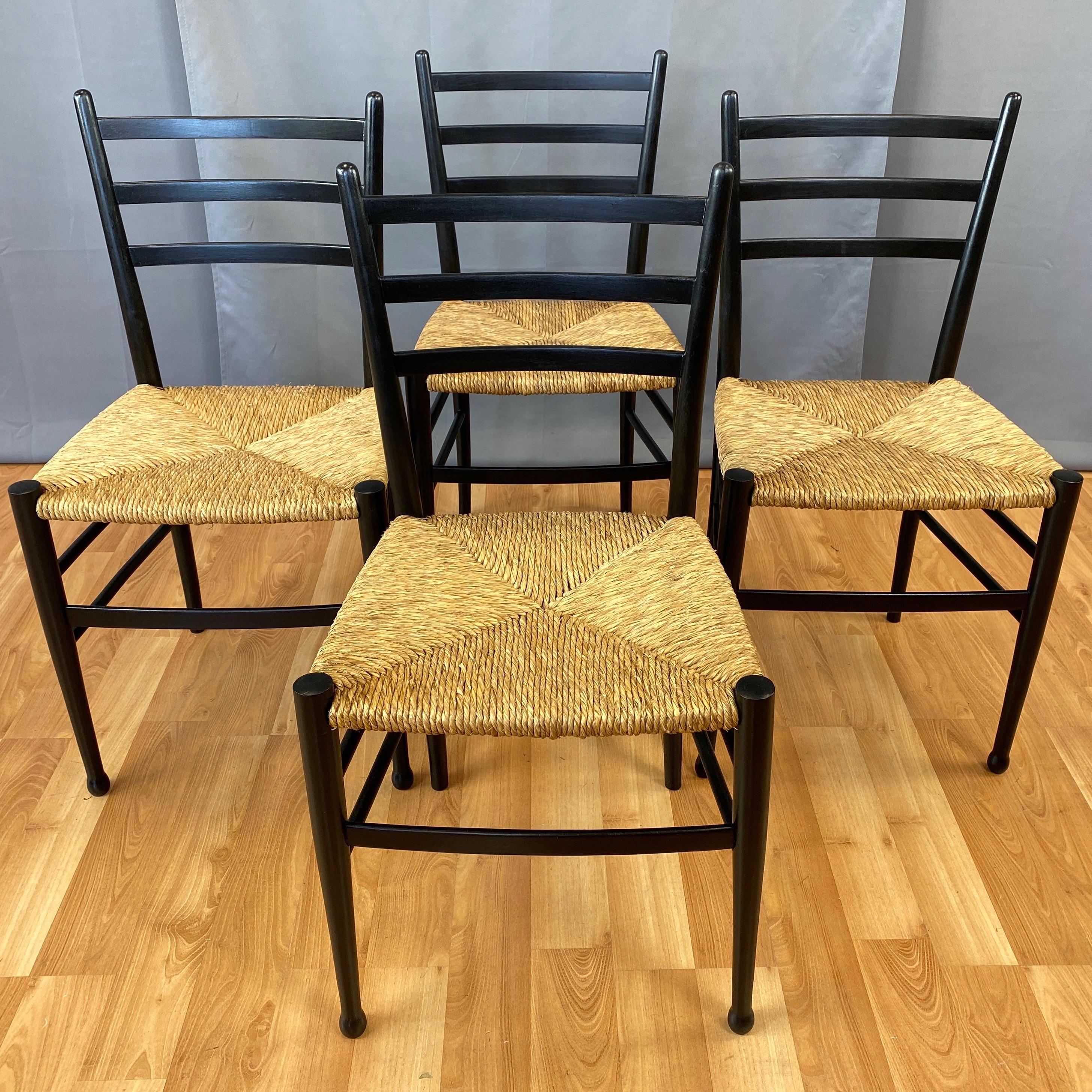 Set of Four Italian Ponti-Style Ebonized Wood Side Chairs with Rush Seats, 1960s 12