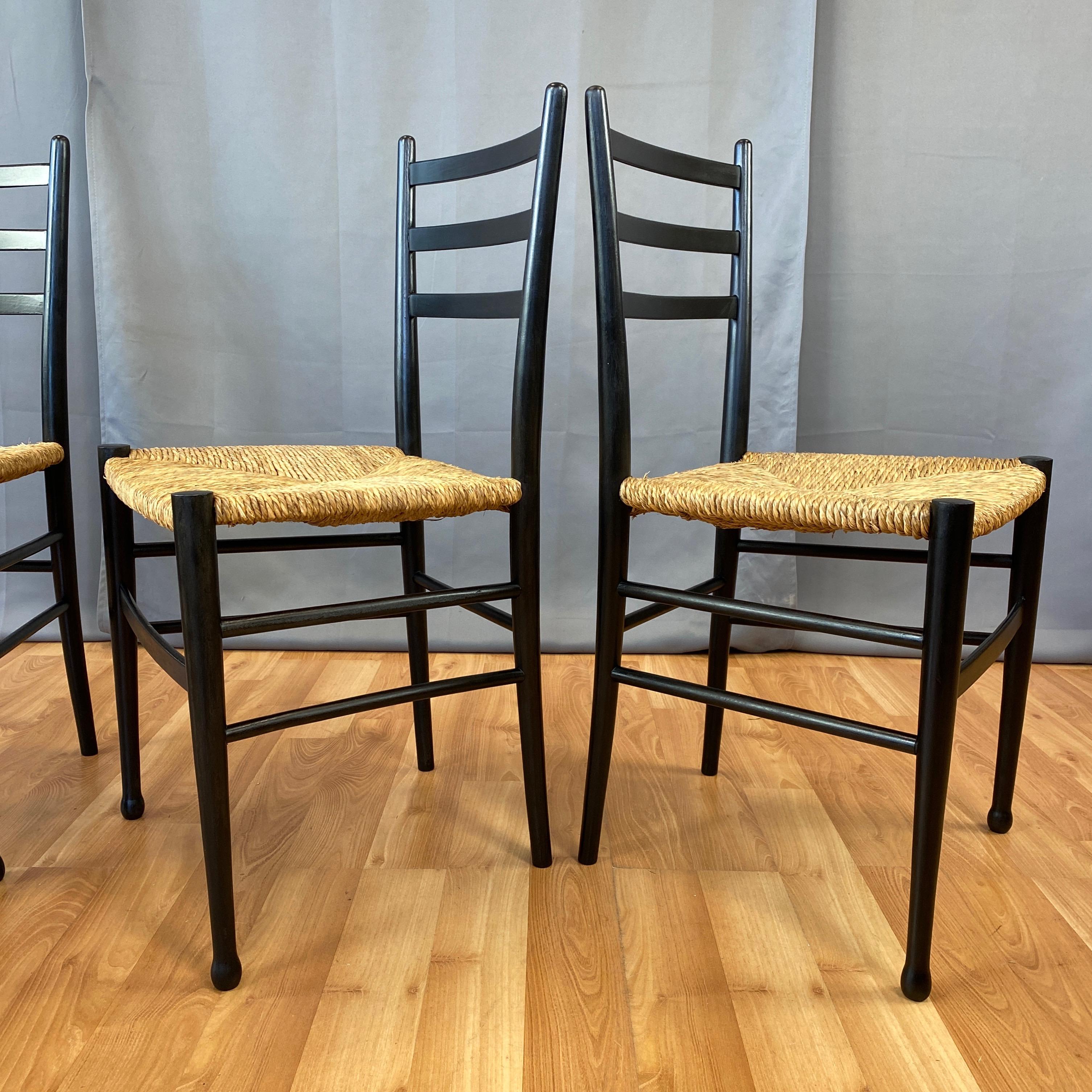 Set of Four Italian Ponti-Style Ebonized Wood Side Chairs with Rush Seats, 1960s In Good Condition In San Francisco, CA