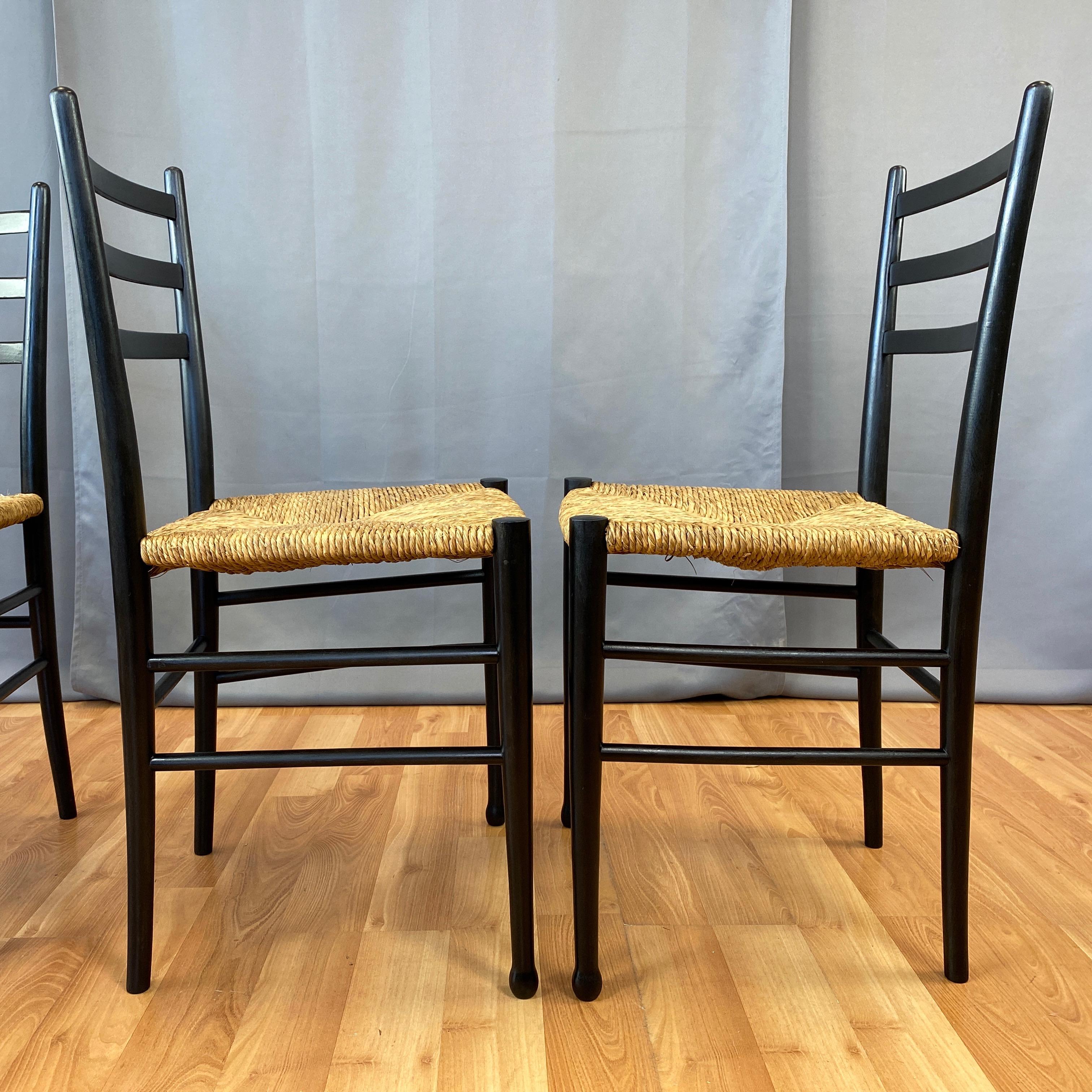 Set of Four Italian Ponti-Style Ebonized Wood Side Chairs with Rush Seats, 1960s 2