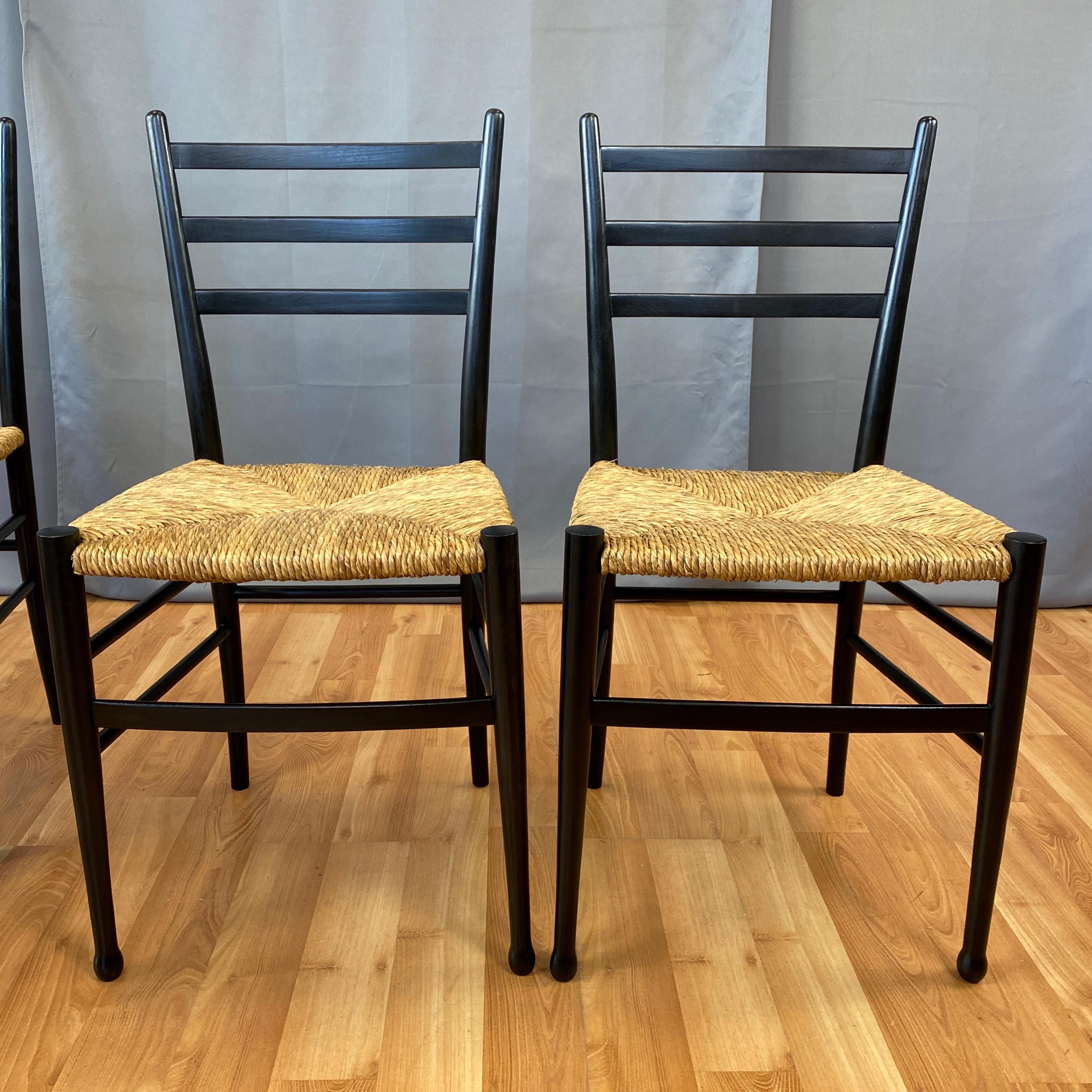 Set of Four Italian Ponti-Style Ebonized Wood Side Chairs with Rush Seats, 1960s 3