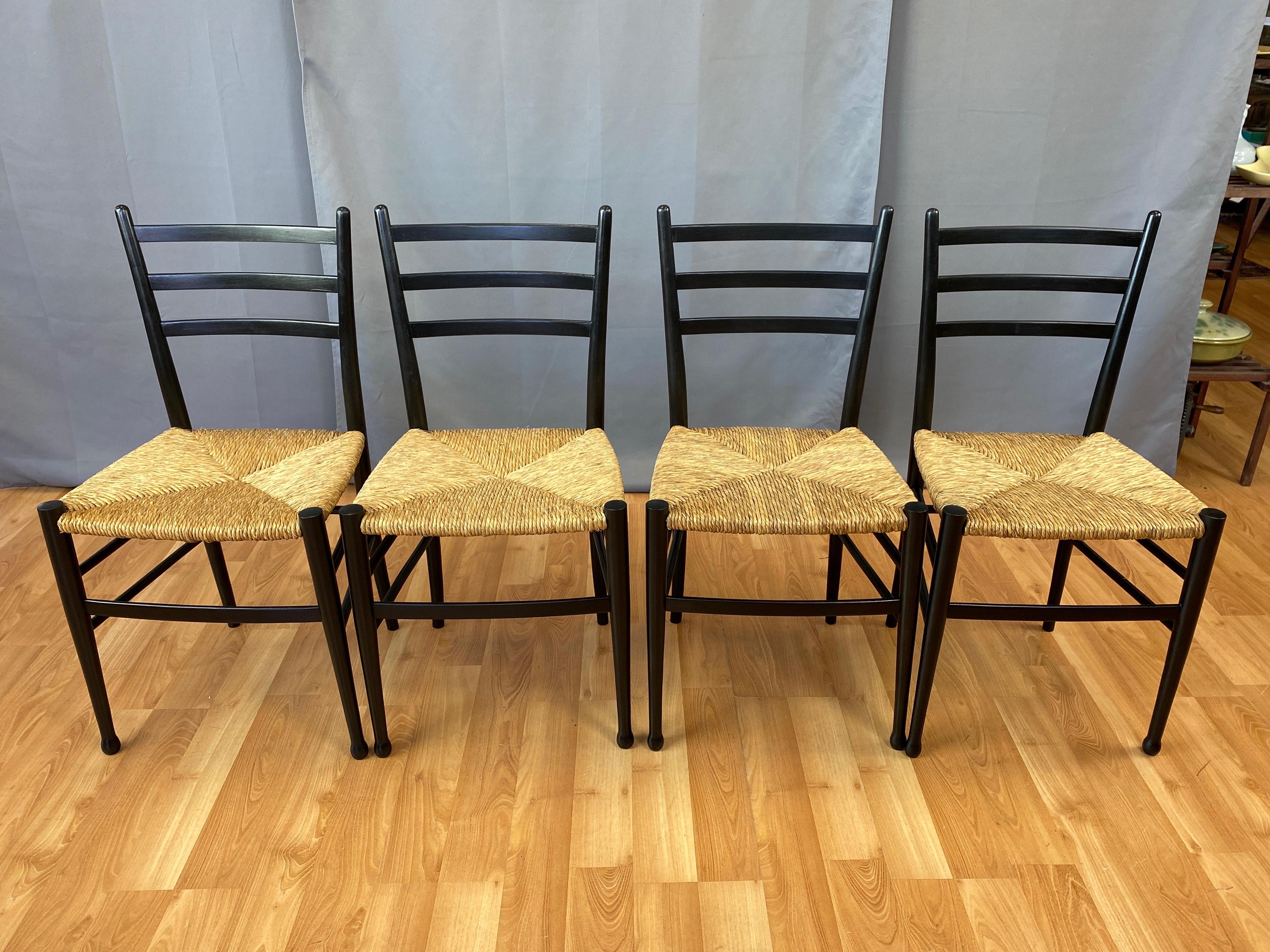 Set of Four Italian Ponti-Style Ebonized Wood Side Chairs with Rush Seats, 1960s 4