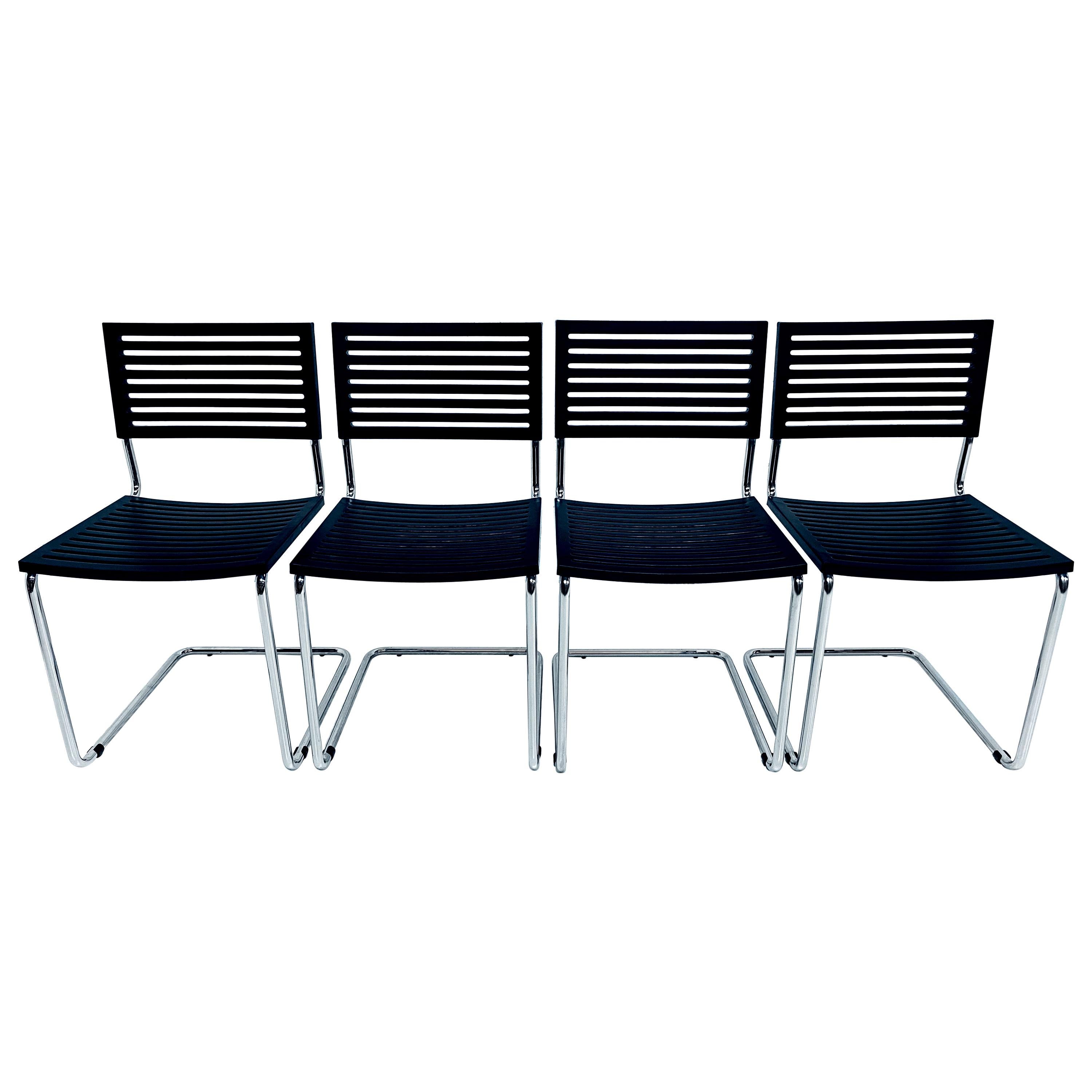 Set of Four Italian Postmodern Cantilevered Chrome Tube Dining Chairs