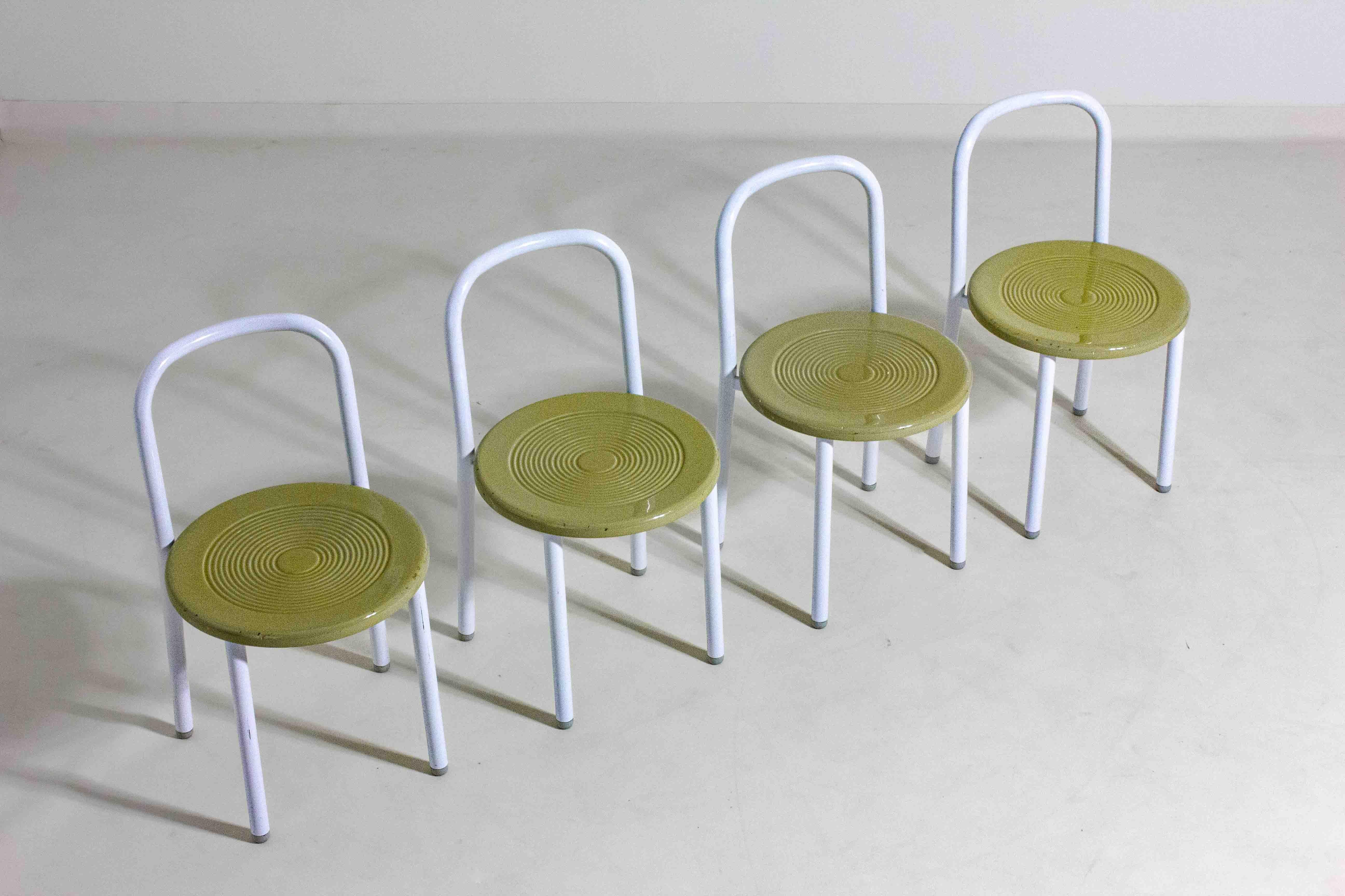 Post-Modern Set of four Italian postmodern metal chairs with sculpted seats, 1980s For Sale
