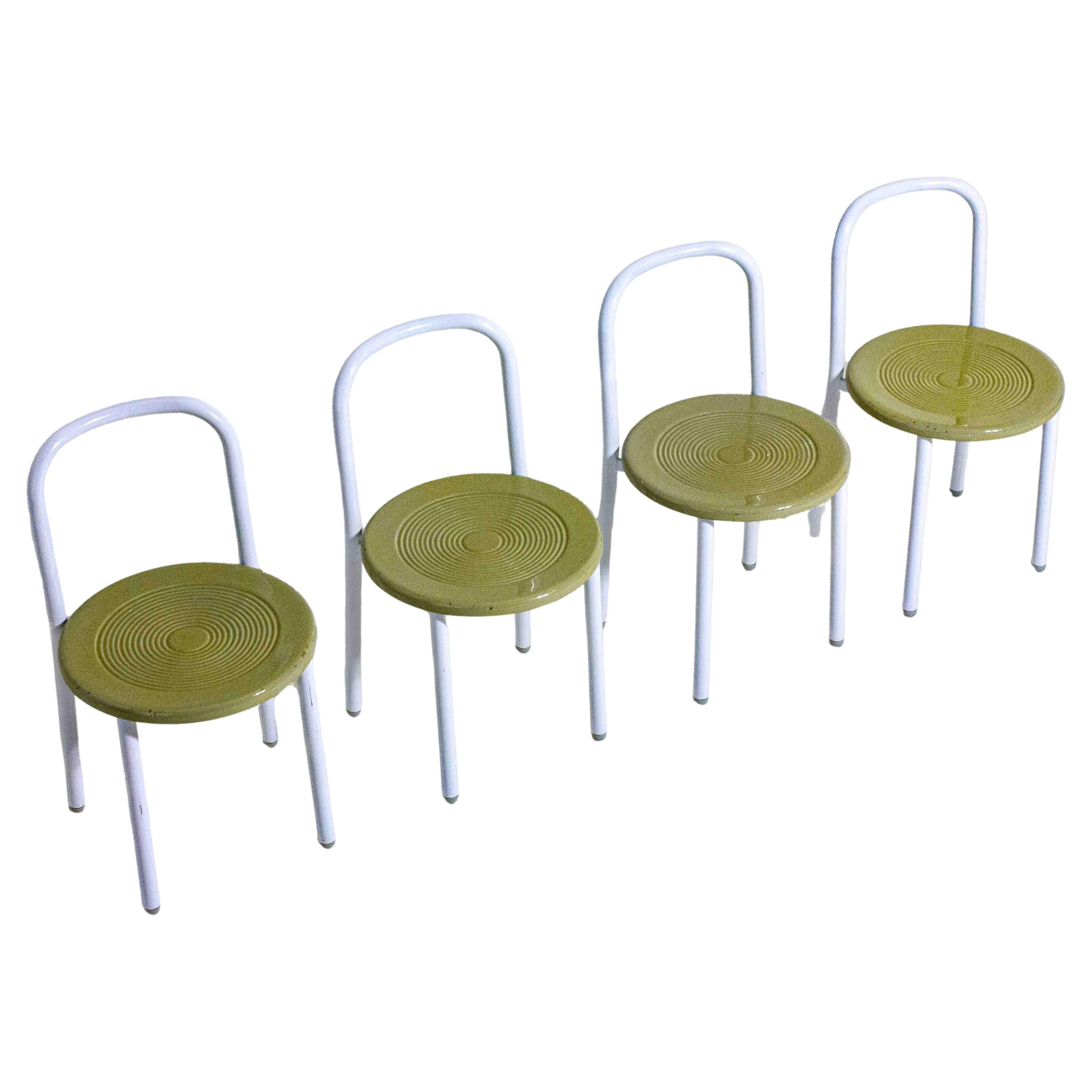 Set of four Italian postmodern metal chairs with sculpted seats, 1980s For Sale