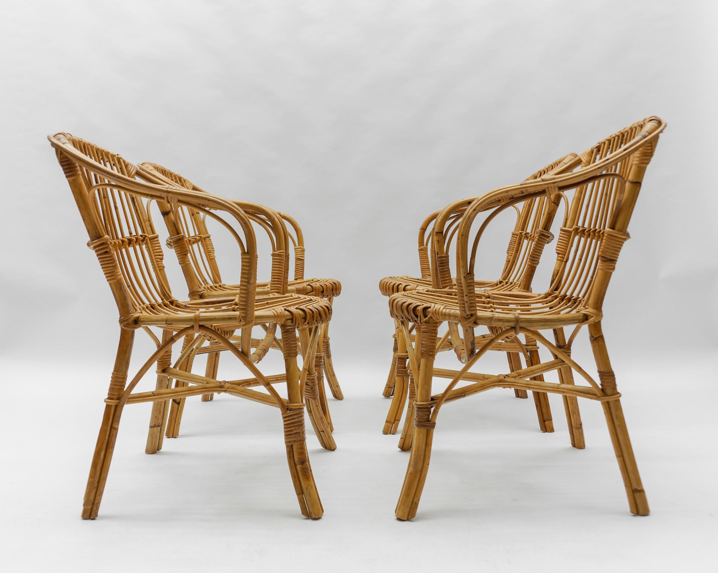 Mid-Century Modern Set of Four Italian Rattan/Bamboo Armchairs, 1960s For Sale