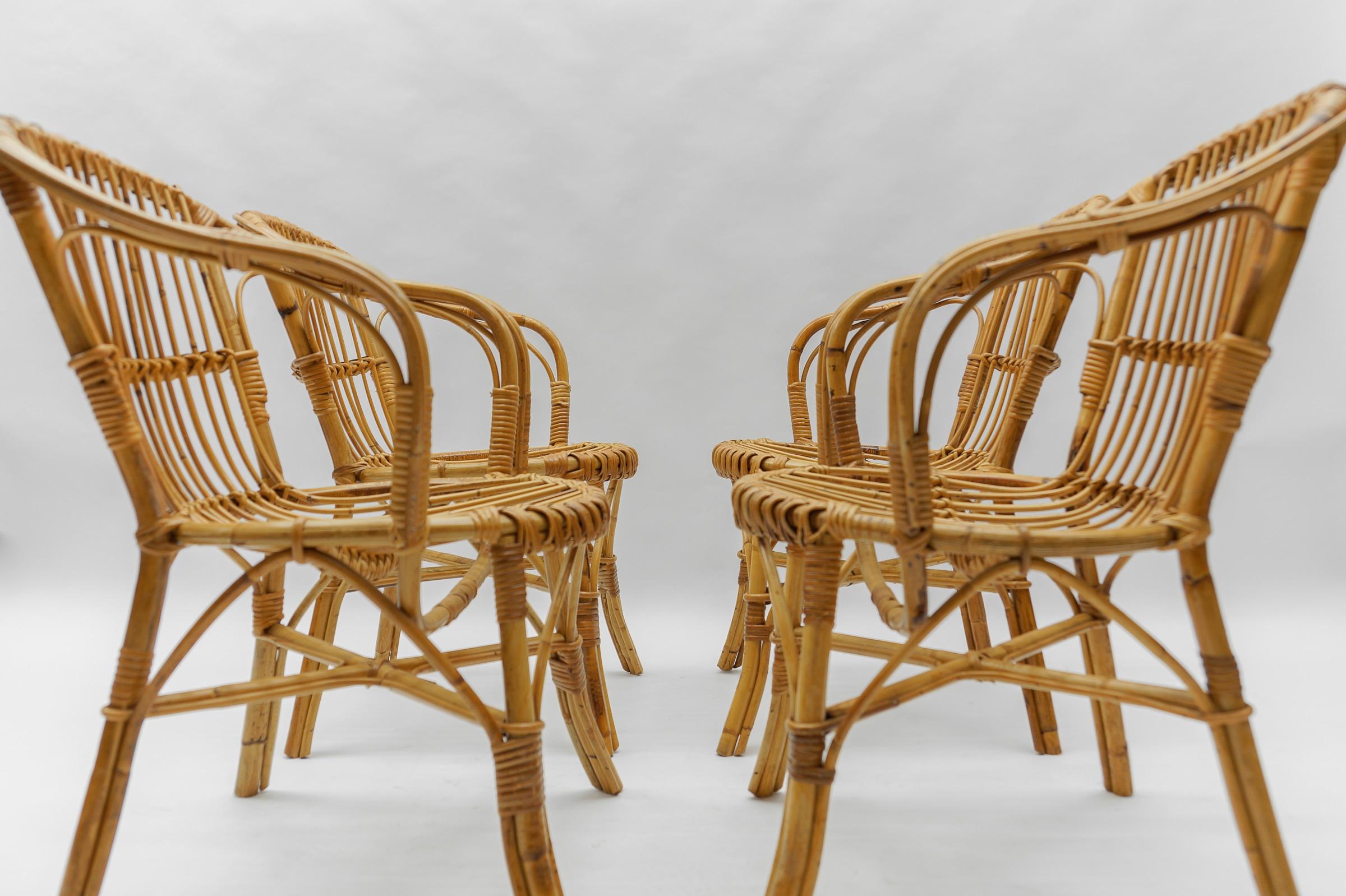 Mid-20th Century Set of Four Italian Rattan/Bamboo Armchairs, 1960s For Sale