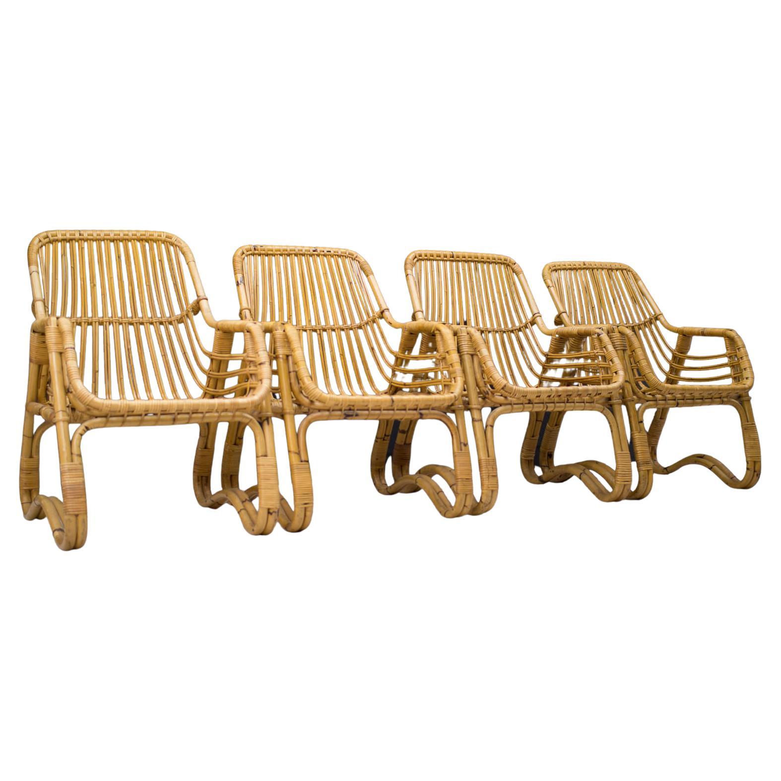 Set of Four Italian Rattan/Bamboo Armchairs, 1960s