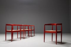 Set of Four Italian Red Glazed Dining Chairs with Rush Seat, 1960s