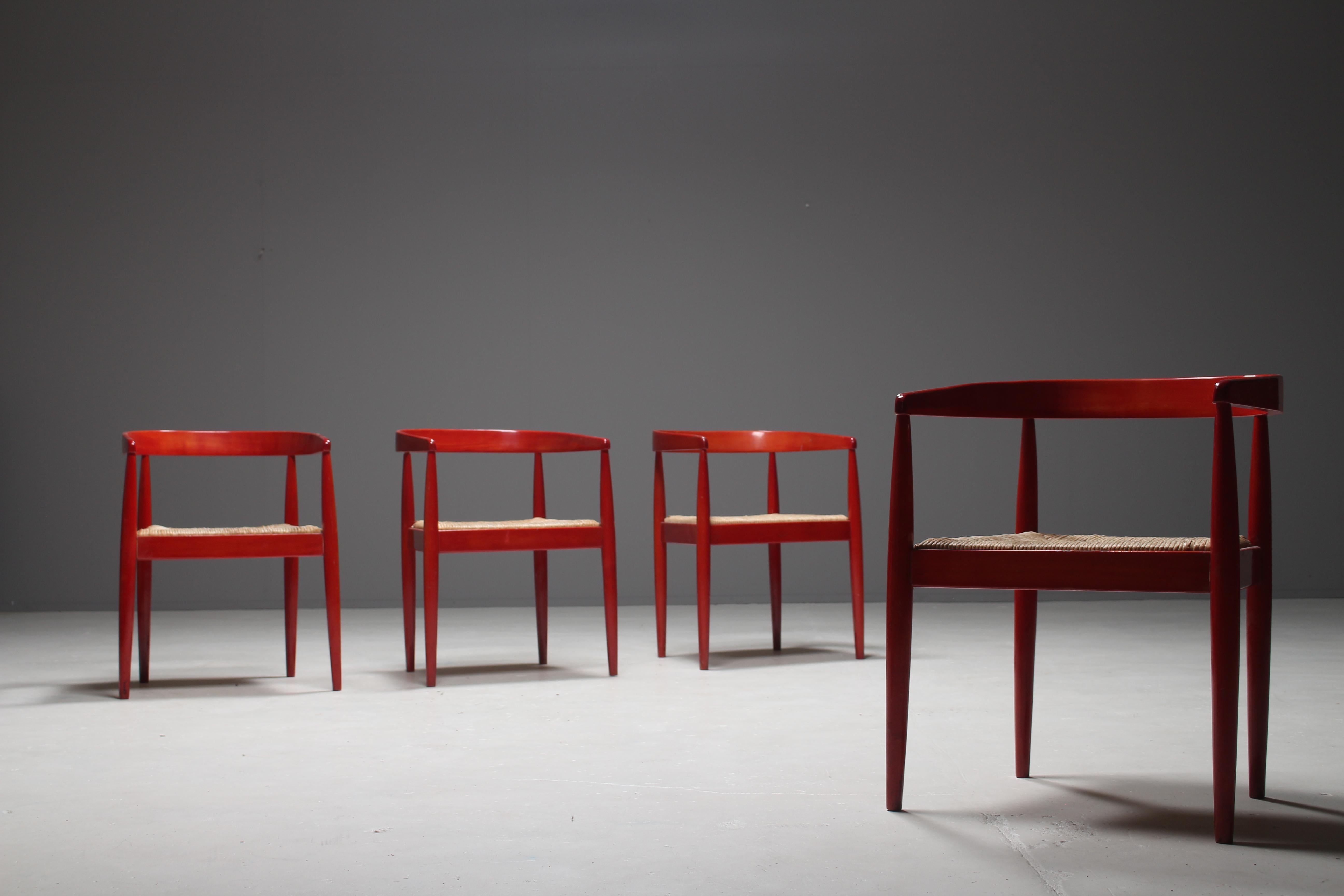 Mid-Century Modern Set of Four Italian Red Glazed Dining Chairs with Rush Seat, 1960s For Sale