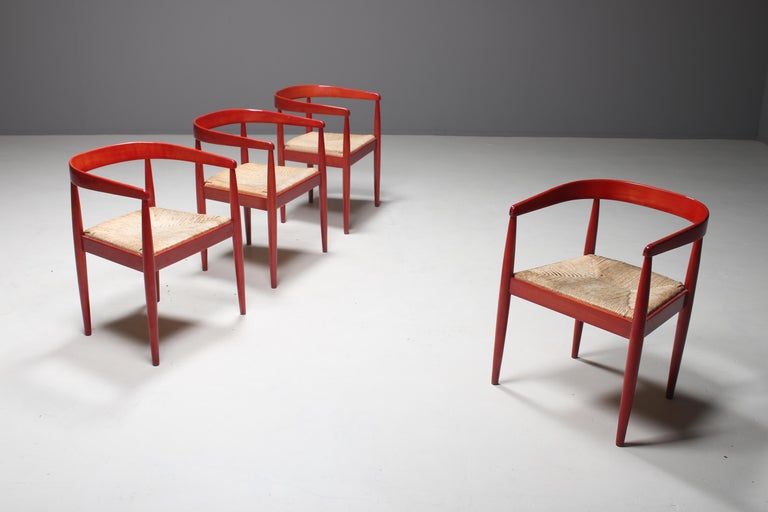 Set of Four Italian Red Glazed Dining Chairs with Rush Seat, 1960s For ...