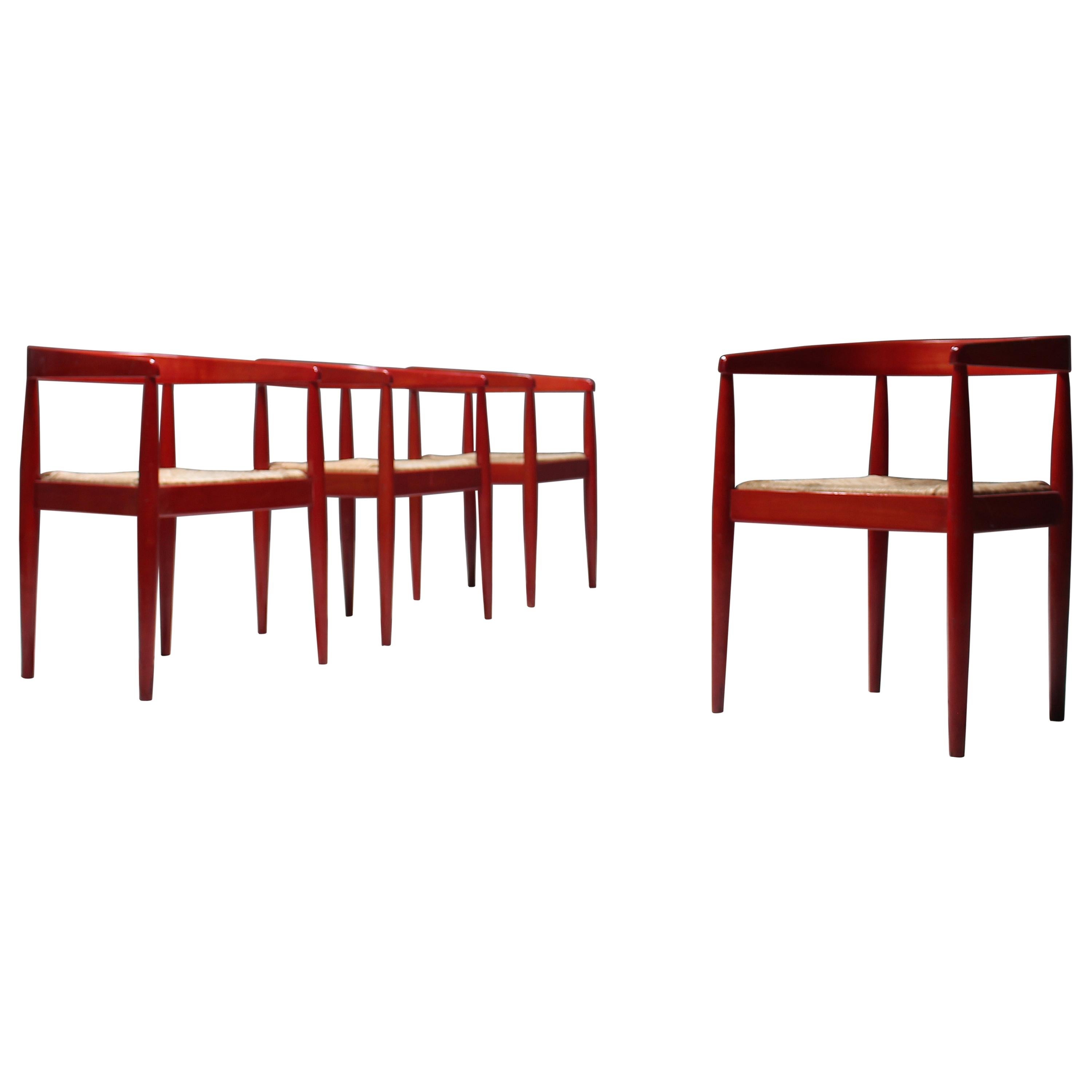 Set of Four Italian Red Glazed Dining Chairs with Rush Seat, 1960s For Sale