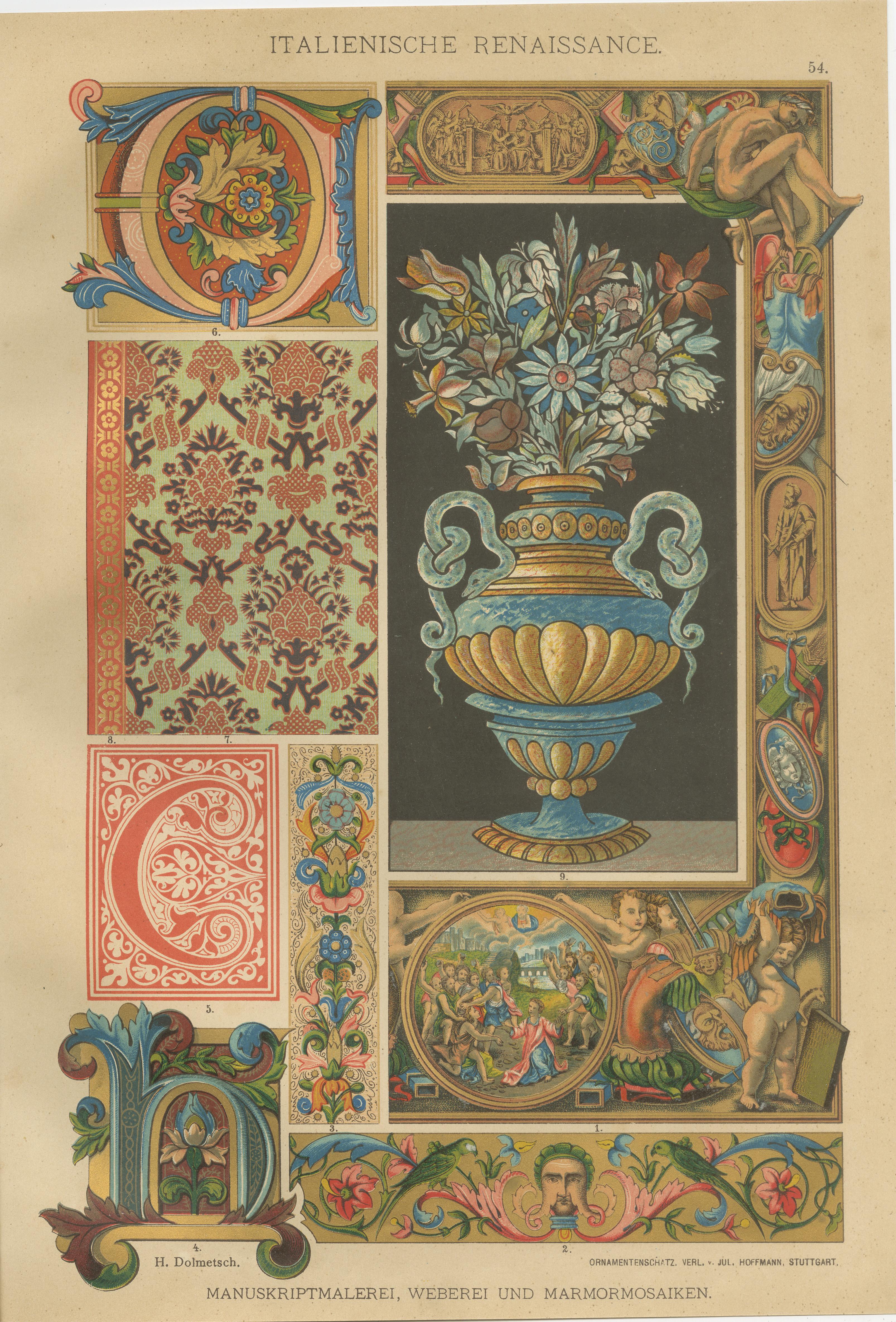 Set of Four Italian Renaissance Decorative Prints by H. Dolmetsch, 1890s

This striking set of four chromolithographic plates presents a vivid celebration of Italian Renaissance decorative arts, originally published in the late 19th century as part
