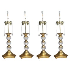 Set of Four Italian Rock Crystal & Giltwood Table Lamps 22-K Gold Leaf. 1980's.