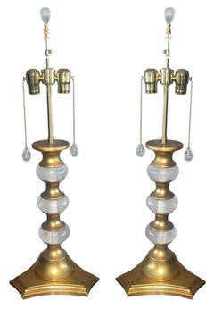 Set of Four Italian Rock Crystal & Giltwood Table Lamps 22-K Gold Leaf. 1980's.