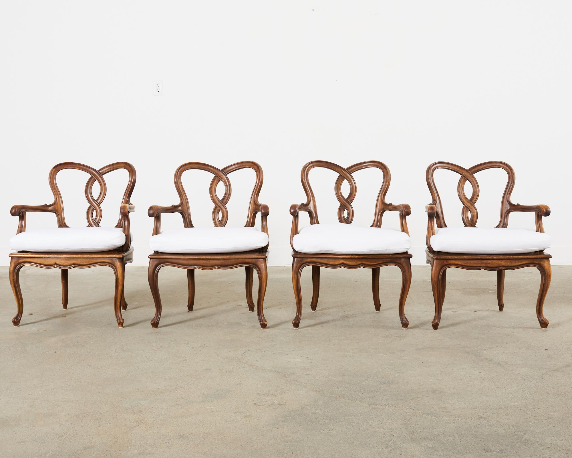 Hand-Crafted Set of Four Italian Rococo Style Venetian Walnut Armchairs  For Sale