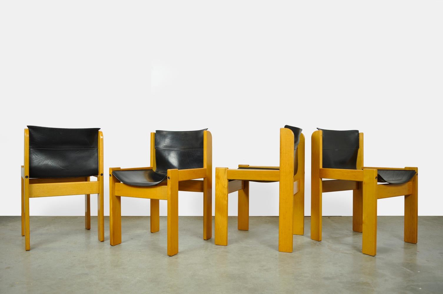 Set of four Italian saddle leather chairs Ibisco, 1970s. Beautiful beech wood frame with black saddle leather seats and back. The backrest is attached at the top with a steel pin. The chairs can be completely disassembled for transport. Beautiful