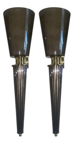 Set of Four Italian Smoky Gray Murano Glass Torchère Sconces – 1970's.