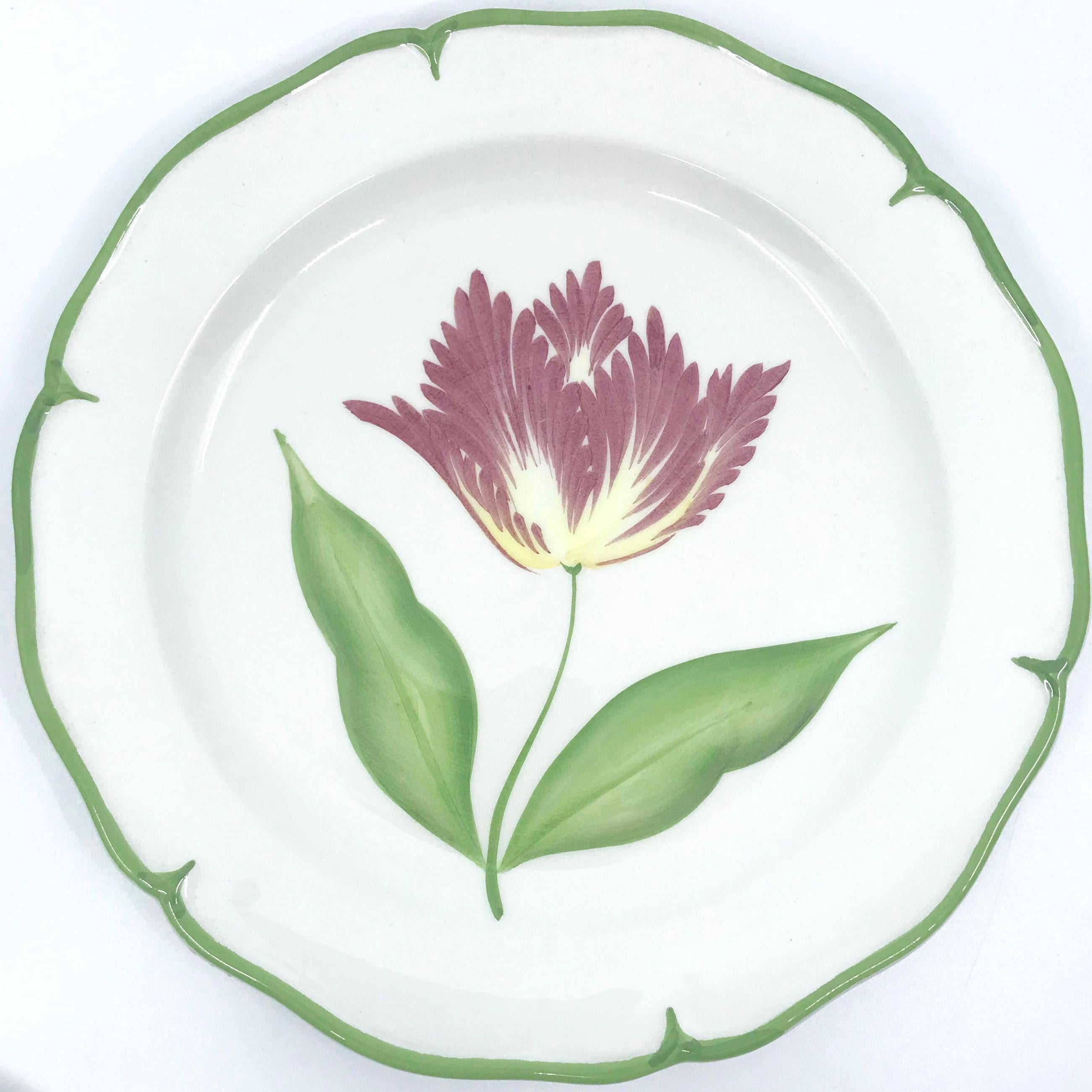 Italian Set of Four Flower Plates with Green Border