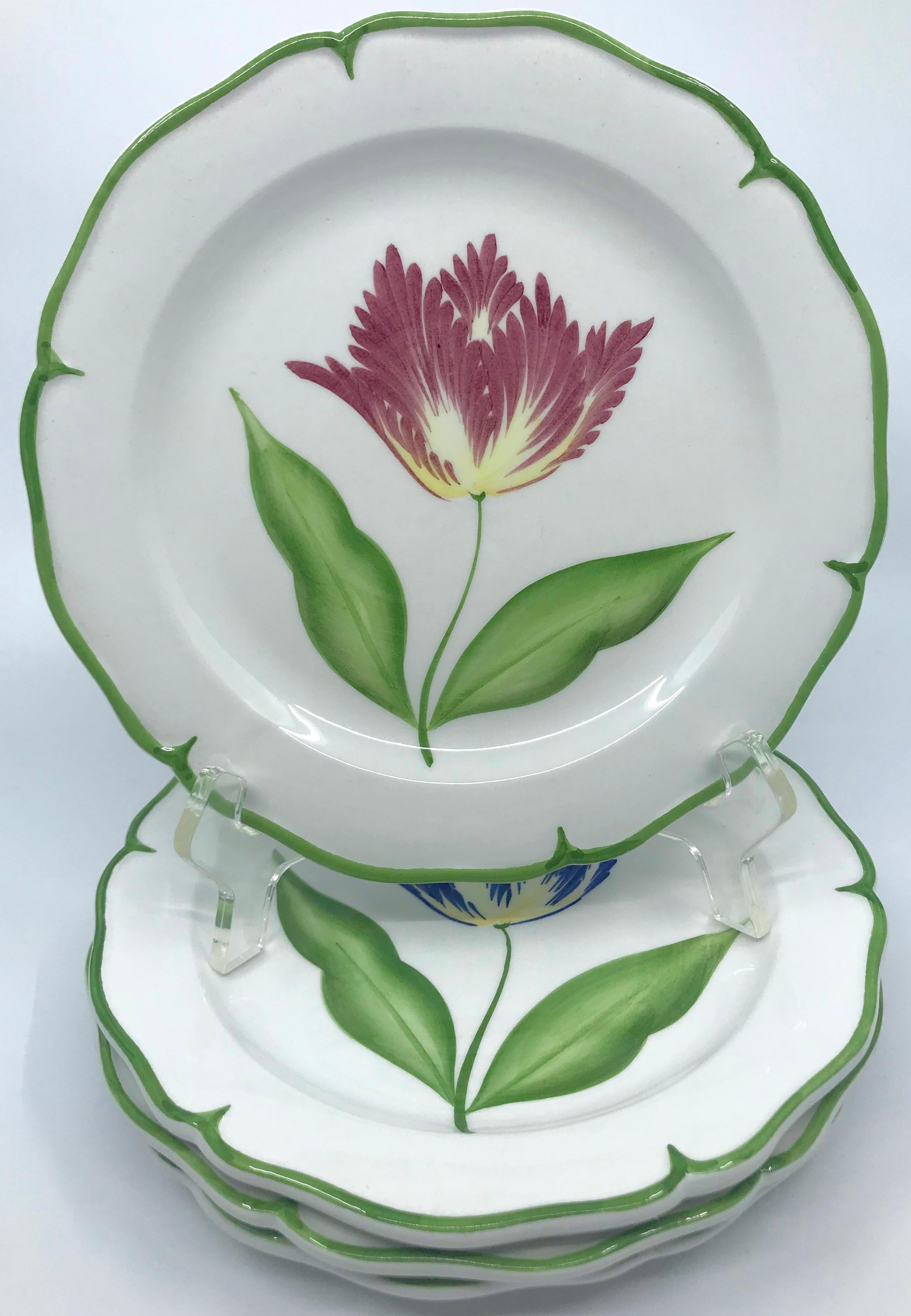 Hand-Painted Set of Four Flower Plates with Green Border